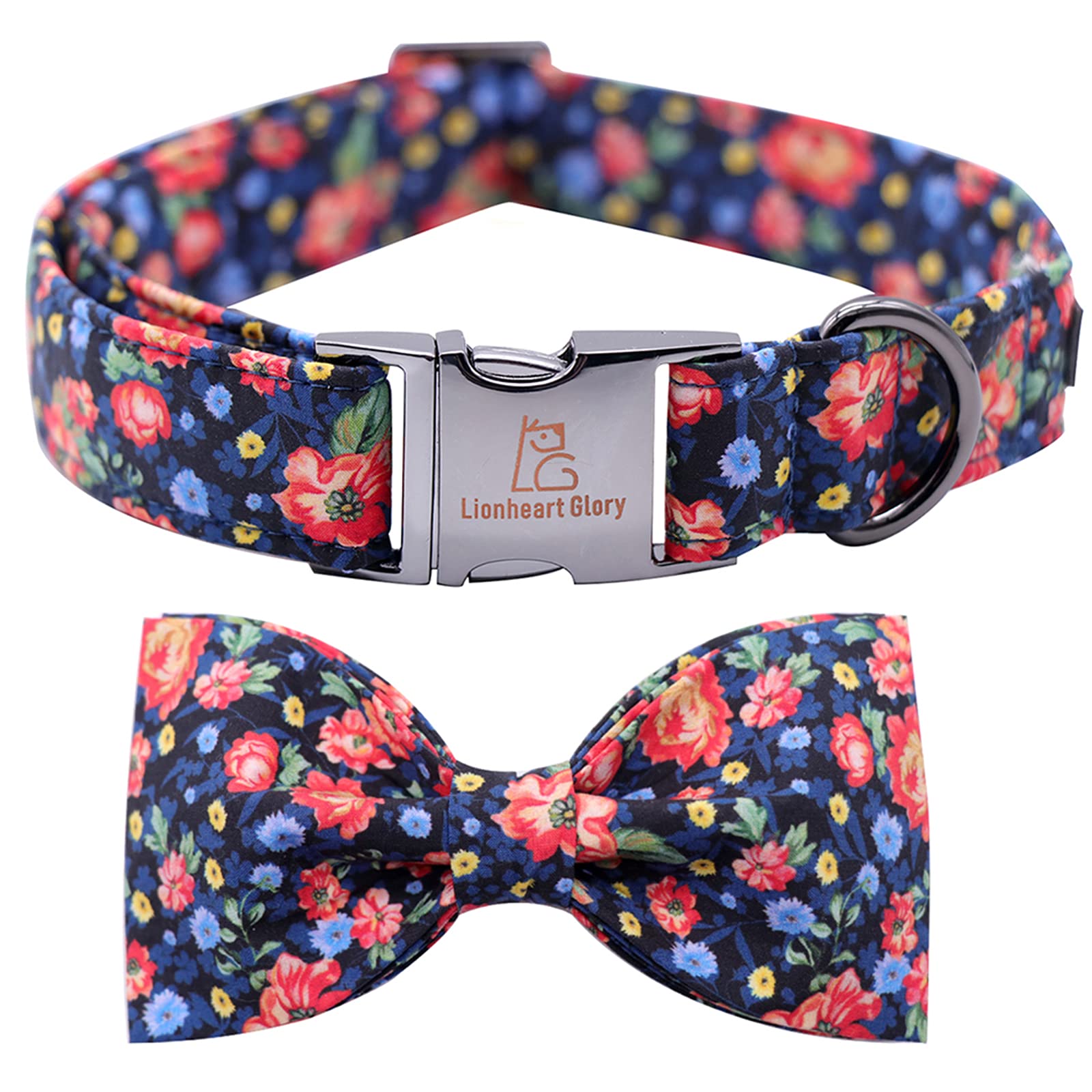 Lionheart Glory Premium Floral Dog Collars, Bowtie Dog Collar, Adjustable Heavy Duty Dog Collar With Bow For Medium Dogs