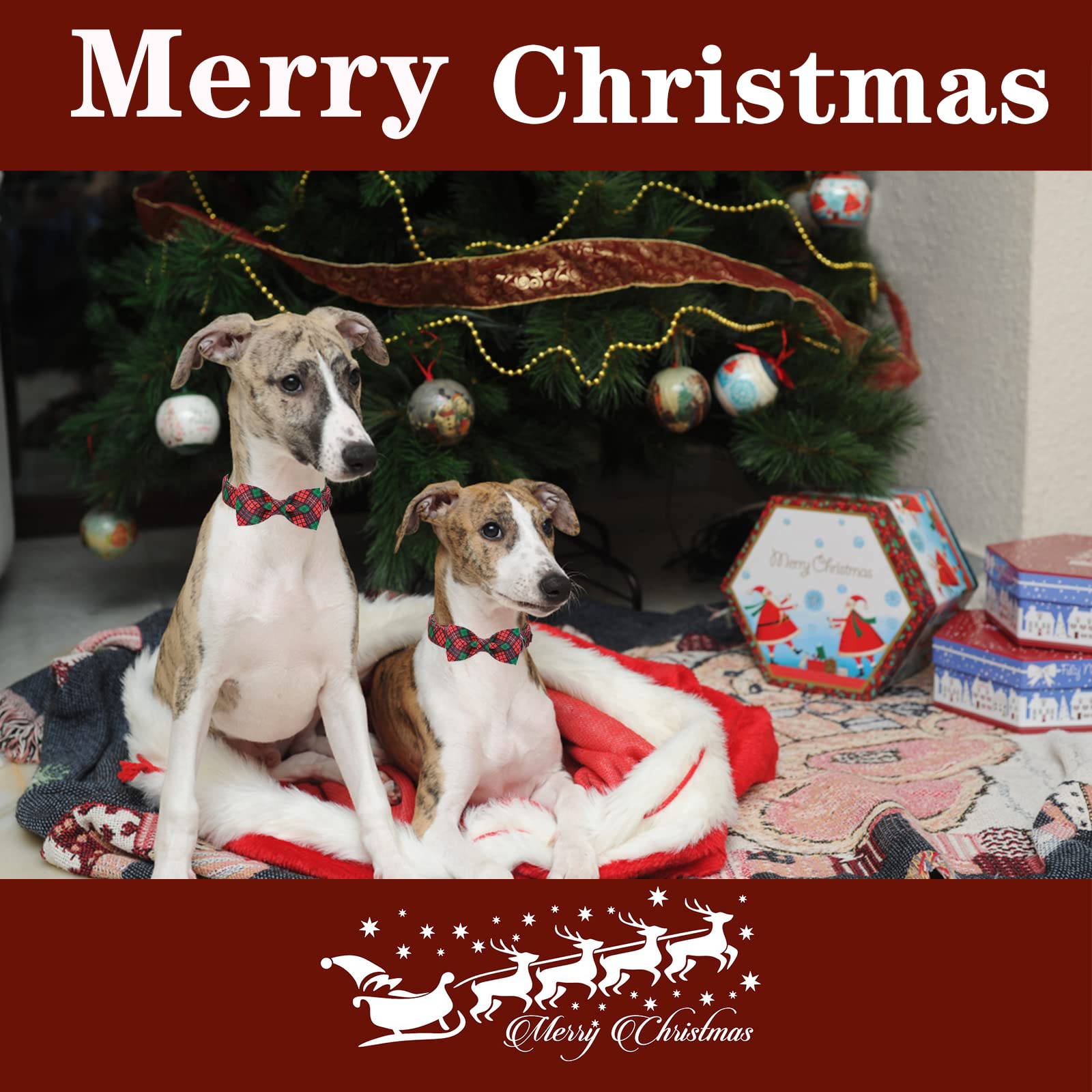 Unique Style Paws Christmas Dog Collar With Bow Tie Red Green Plaid Adjustable Cotton Puppy Collar For Small Medium Large Dogs-L