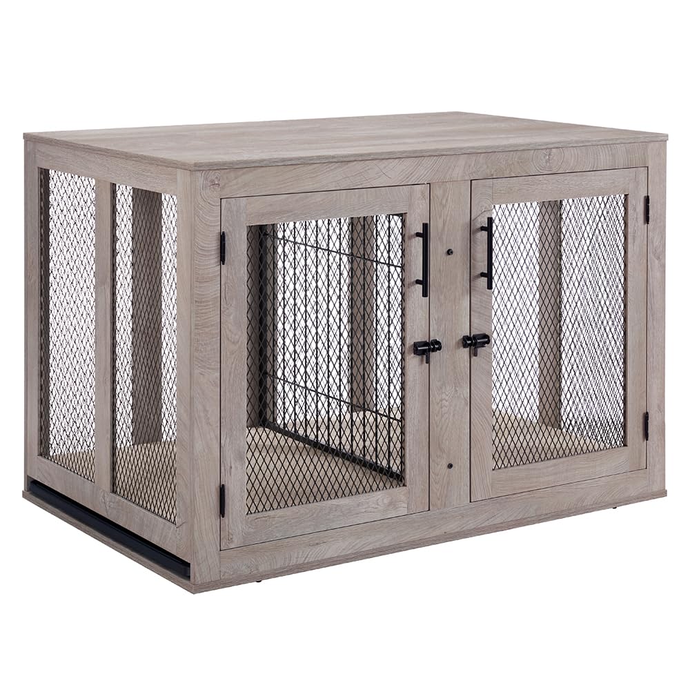 unipaws 46.7 Extra Large Dog Crate Furniture with Divider for 2 Dogs, Wooden Dog Kennel for XLarge Breed, XL Wood Dog Cage, End 