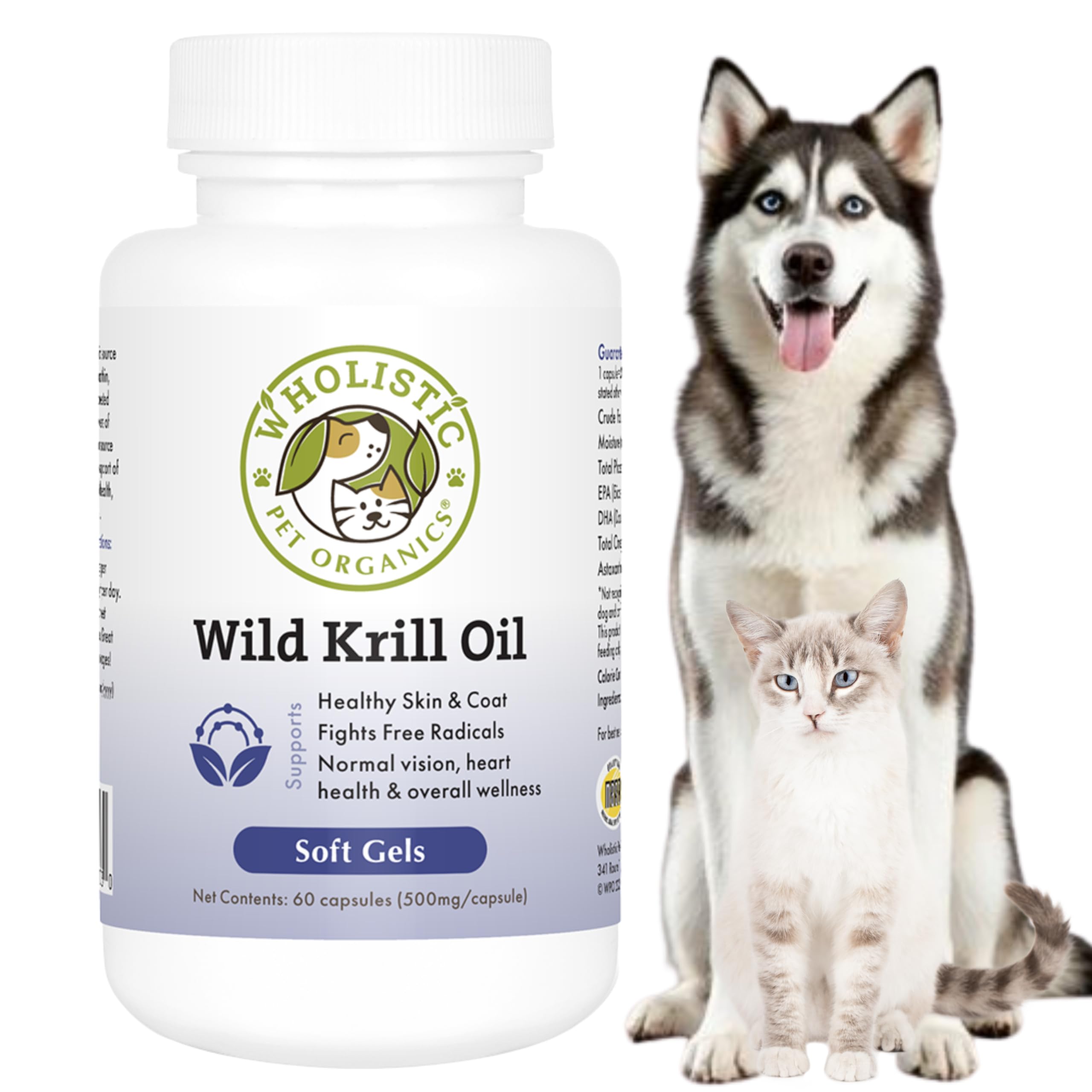 Wholistic Pet Organics Krill Oil for Dogs and Cats - Premium Antioxidant Support for Pets - Cat and Dog Skin and Coat Supplement