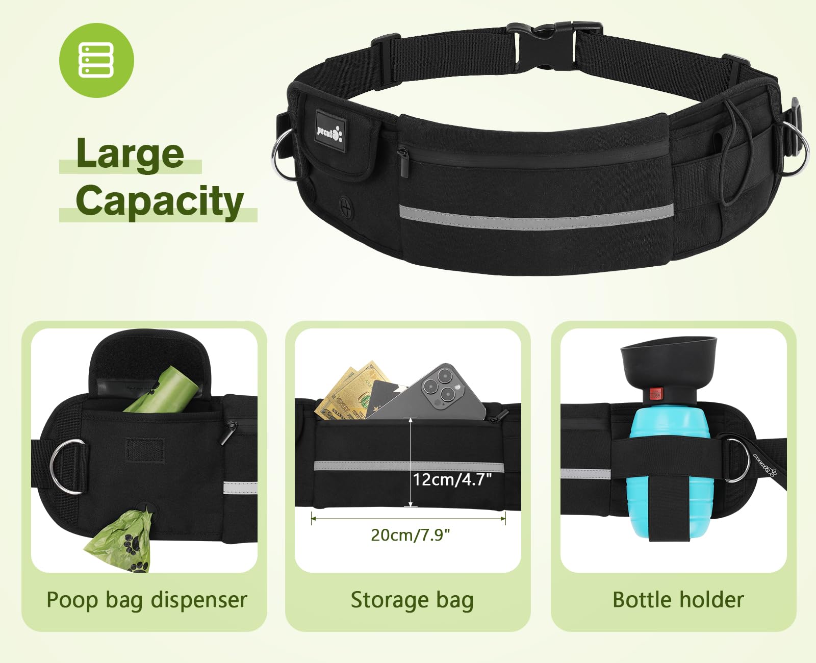 Pecute Hands Free 2 Dogs Waist Belt Fanny Pack With Soft Padded, Dual Dog Leash With Pouch, 3 Padded Handles, Durable Bungee, Bl