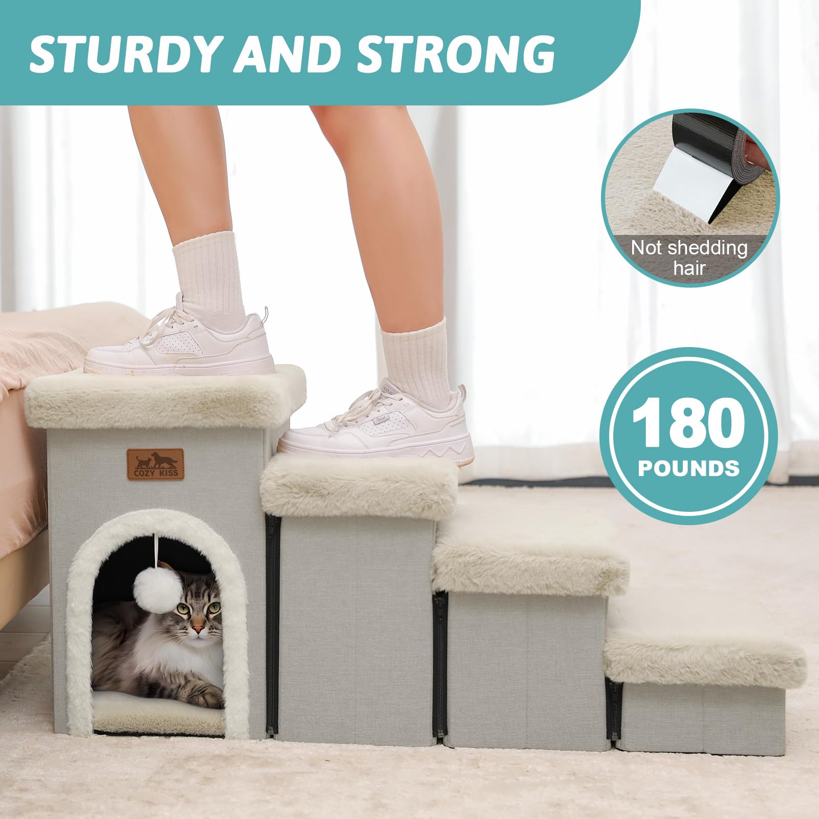COZY KISS Dog Stairs for Small Dogs with Storage and Condo, 17.5'' H Foldable Pet Stairs for Small Medium or Puppy Dogs and Olde