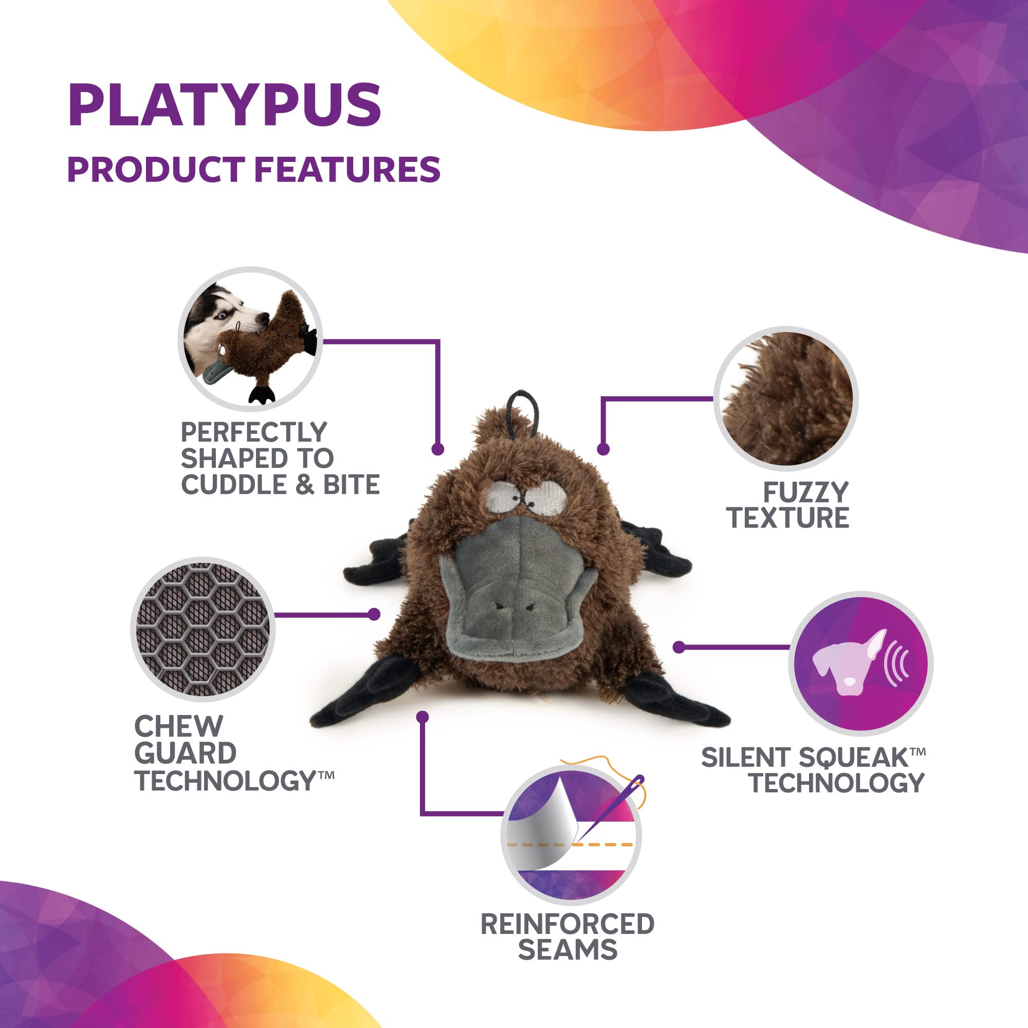 Trustypup Strong 'N Silent Platypus Silent Squeak Plush Dog Toy, Chew Guard Technology - Brown, Large