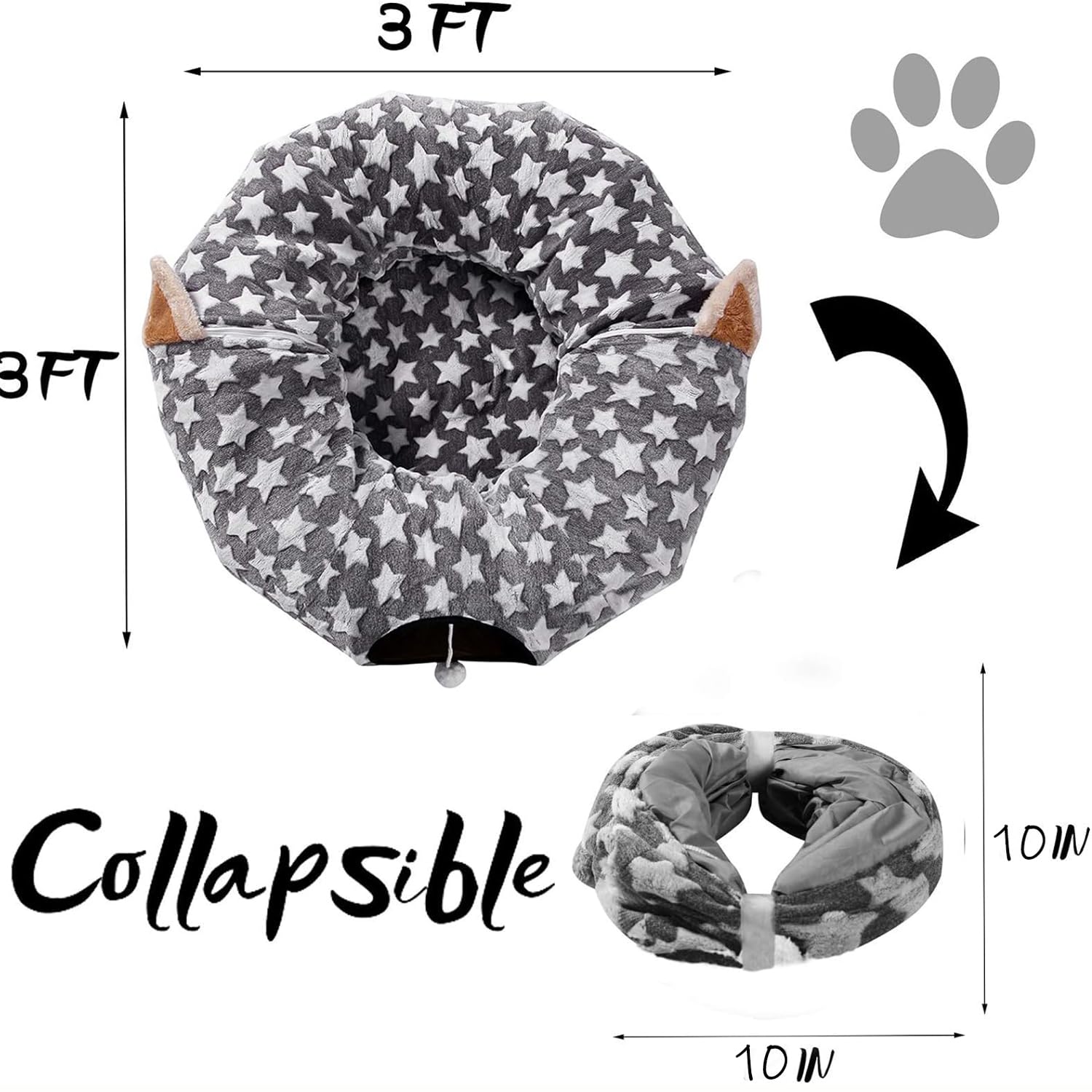 Luckitty Large Cat Tunnel Bed With Plush Cover,Fluffy Toy Balls, Small Cushion And Flexible Design- 10 Inch Diameter, 3 Ft Length- Great For Cats, And Small Dogs, Gray Star Pattern