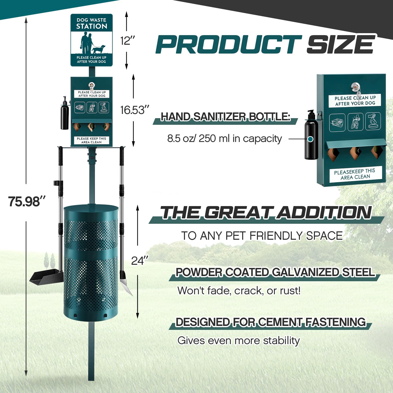 Qinyoung Dog Waste Station Outdoor Dog Poop Trash Can With Poop Bag Dispenser Shovel Dustpan Hand Sanitizer Bottle Rust Proof Bi