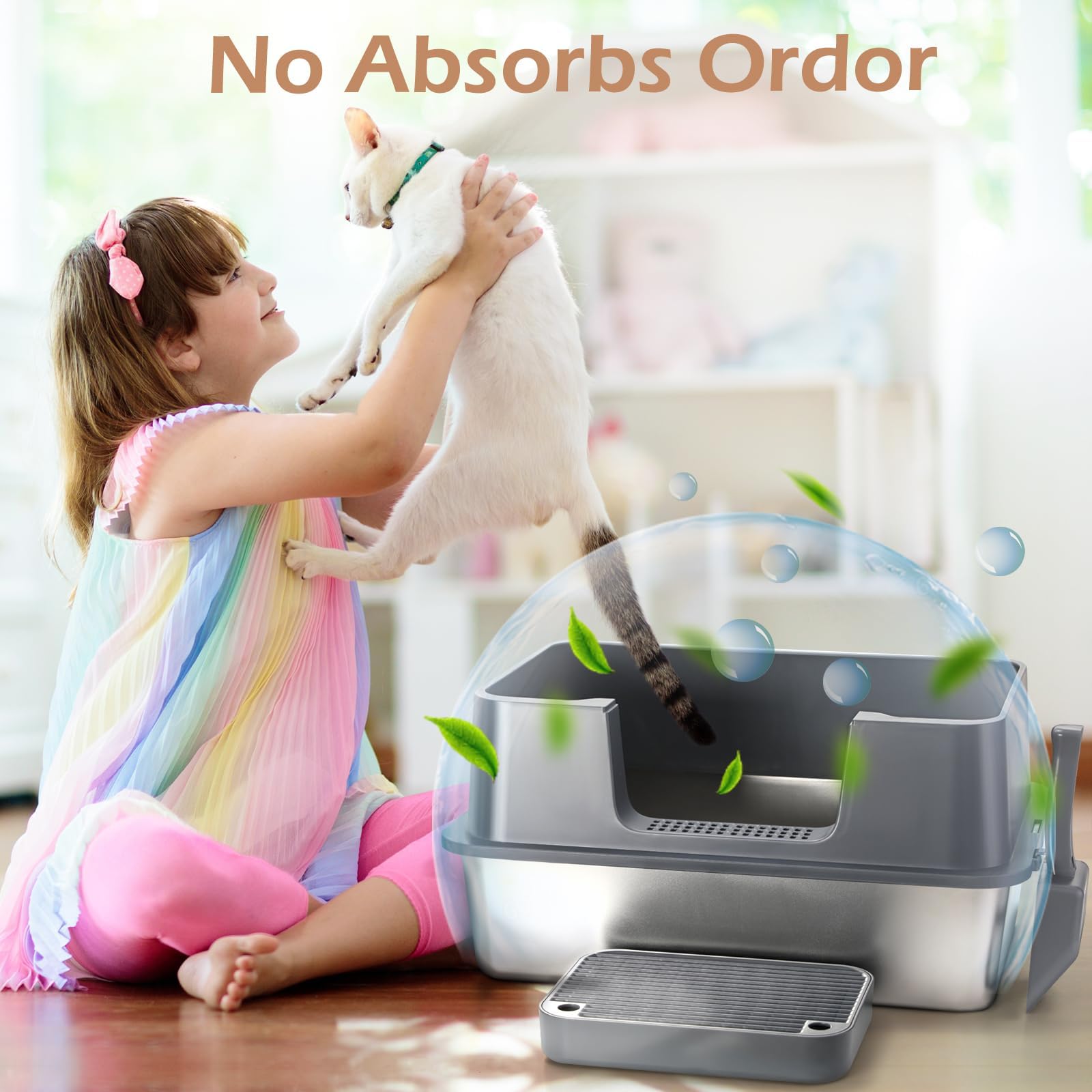 Xl Stainless Steel Cat Litter Box With Lid - High Sides, Leak-Proof, Non-Stick Metal Litter Box For Large Cats - Easy To Clean,