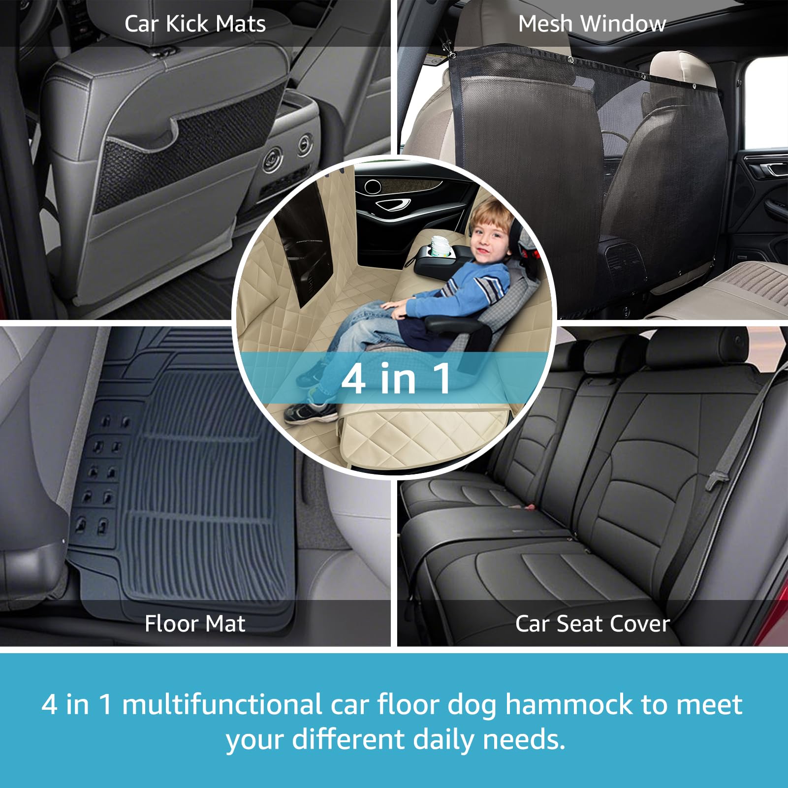 Lassie 4 In 1 Full Coverage Dog Car Floor Hammock,100% Waterproof Dog Car Seat Covers For Back Seat With Mesh Window For Sedans,