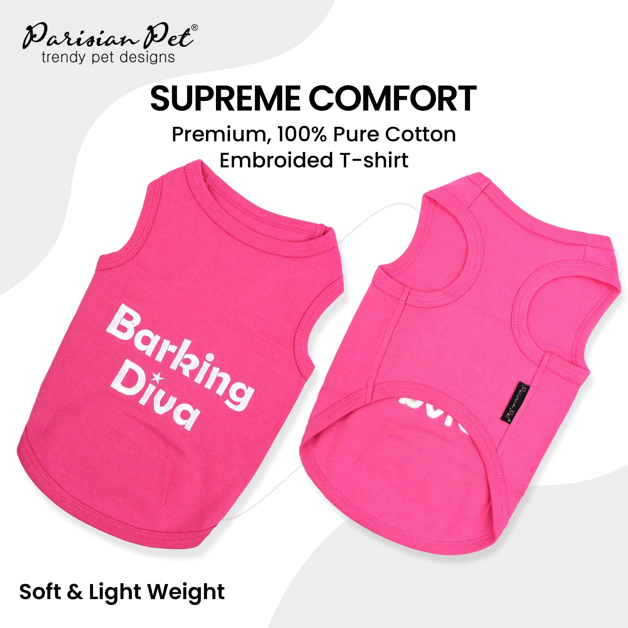 Parisian Pet Dog Tshirt - Embroidered Barking Diva Girl Dog Clothes - Breathable And Lightweight Pet Vest - Sleeveless Pink Tee