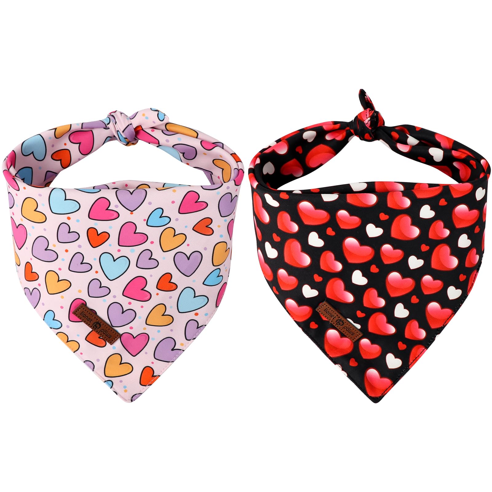 Lionet Paws Valentine'S 2Pcs Dog Bandanas, Black Heart & Colorful Heart Dog Scarf Bib Premium Fabric, Happy Valentine Love Banda