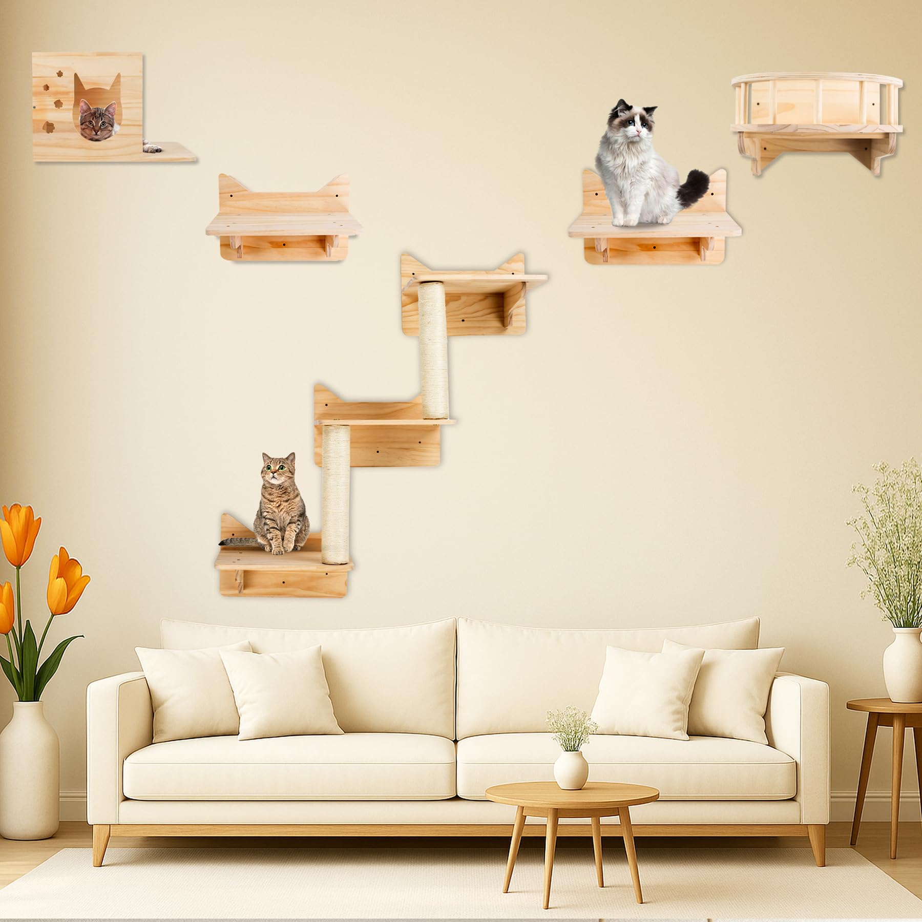 Cat Wall Shelves, Furniture Set, Shelves And Perches For Wall, Climbing Shelf Playground Scratching Post With 3 Steps Indoor Mou