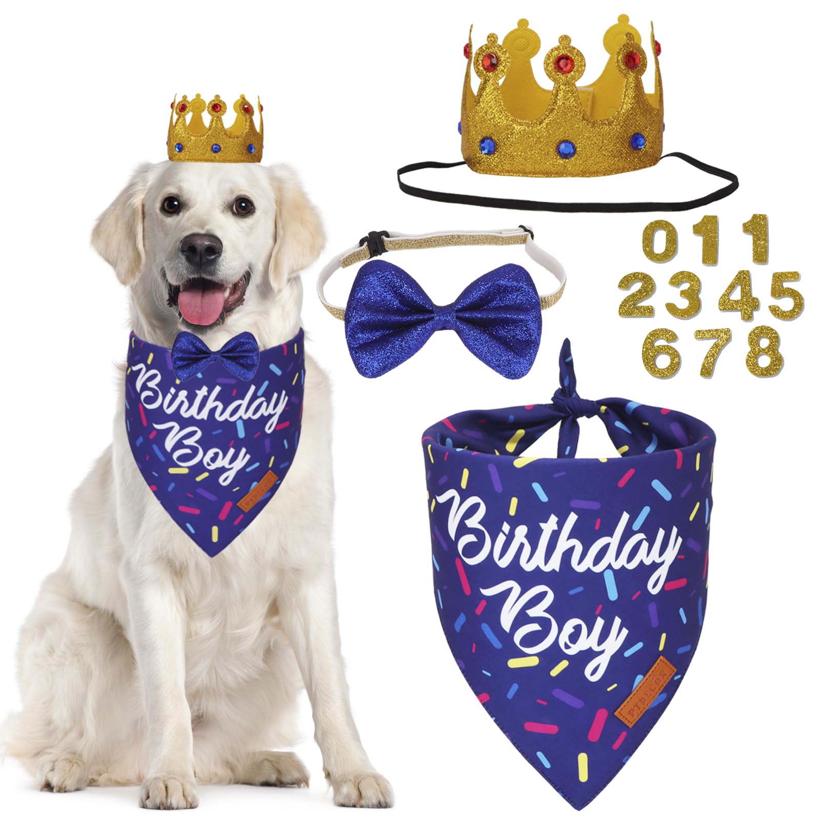 Ptdecor Dog Birthday Party Supplies, Birthday Boy Bandana Golden King Crowns With Numbers Puppy Blue Dog Bow Set For Large And E