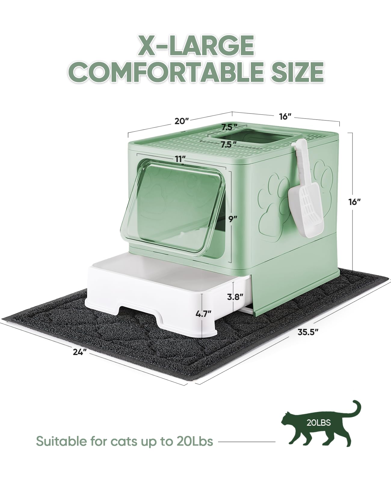 Medario Cat Litter Box With X-Large Litter Mat And Scoop, Large Foldable Litter Box With Lid, Enclosed Kitty Box,Front Top Entry