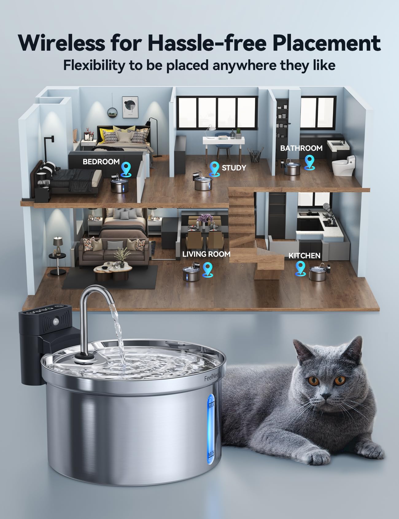 Wireless Cat Water Fountain [Water & Battery Separation] Feelneedy Stainless Steel Automatic Pet Water Dispenser, 4000Mah Batter