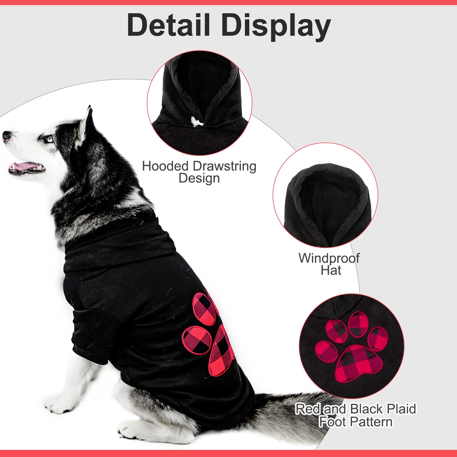 Kooltail Dog Pullover Hoodie With Hat, Pet Cold Weather Clothes With Red And Black Plaid Foot Pattern, For Small Medium Large Dogs