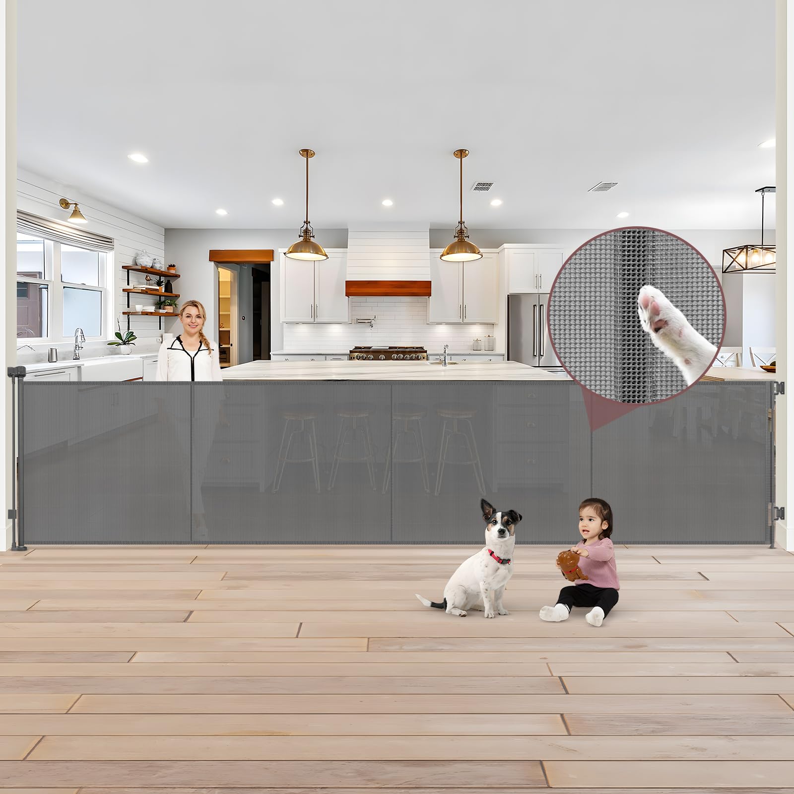 Reinforced 41 Inch Extra Tall Retractable Dog Gate 200'' Extra Wide Retractable Baby Gate with Support Rods, Indoor Baby Fence f