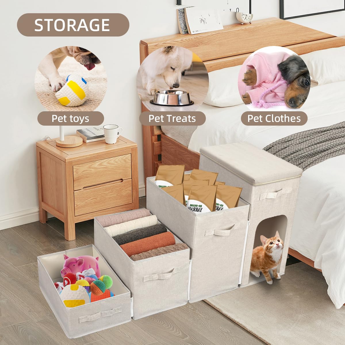Weavelyrics Dog Stairs With Storage, Folding Pet Steps With Zip For Small Dogs And Cats, 4-Step Pet Stairs With Pet House For Hi