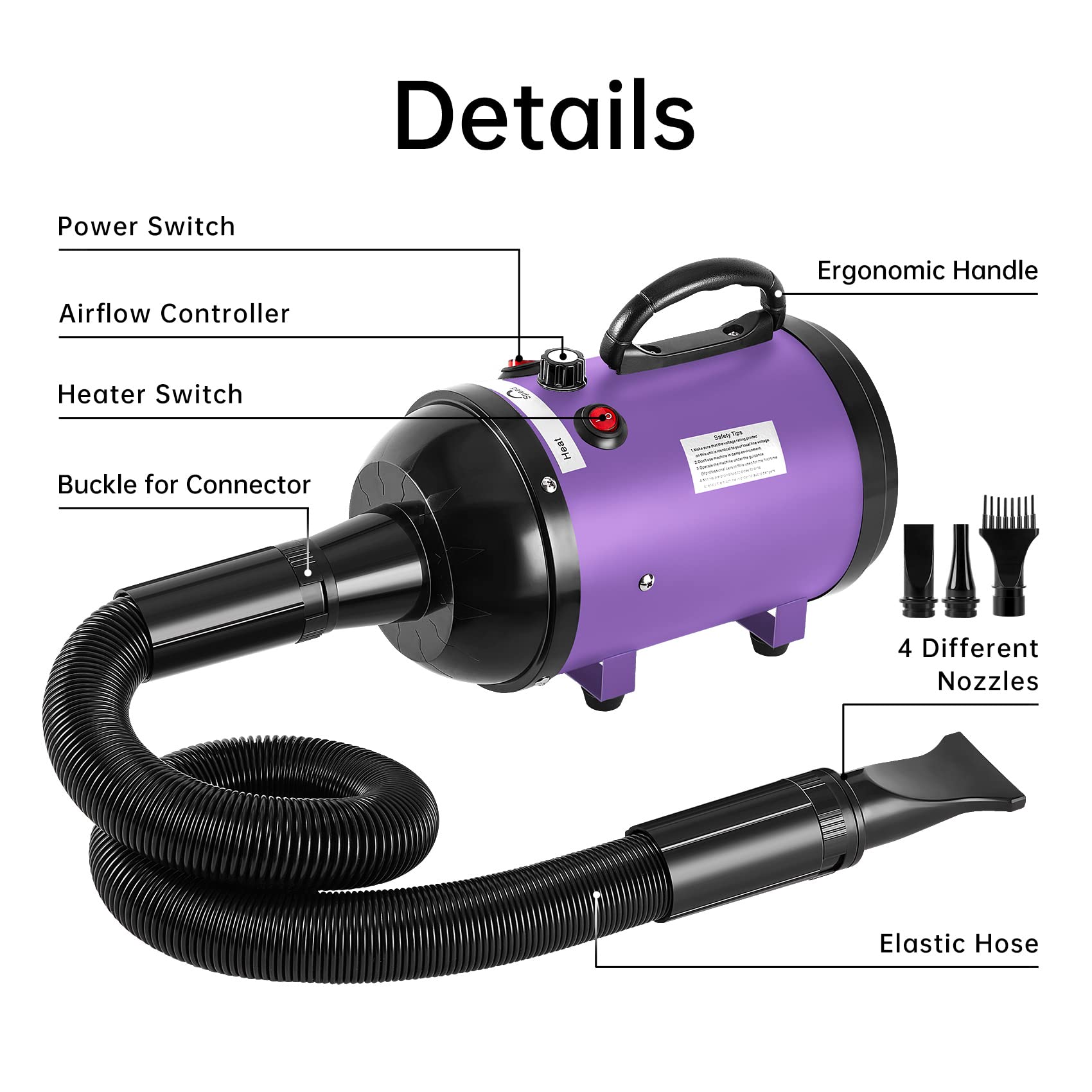 Nestroad Dog Dryer High Velocity Dog Hair Dryer,4.3Hp/3200W Dog Blower Grooming Force Dryer With Stepless Adjustable Speed,Professional Pet Hair Drying With 4 Different Nozzles For Dogs Pets,Purple