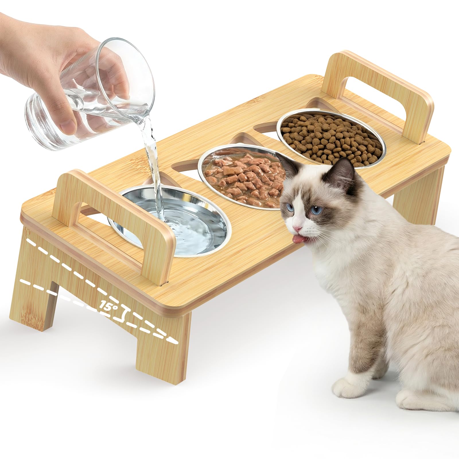 Woodever Elevated Cat Bowls Set - 3 Stainless Steel Raised Feeding Bowls, 15° Tilt, Natural Wood Finish, Anti-Vomiting, Dishwasher Safe