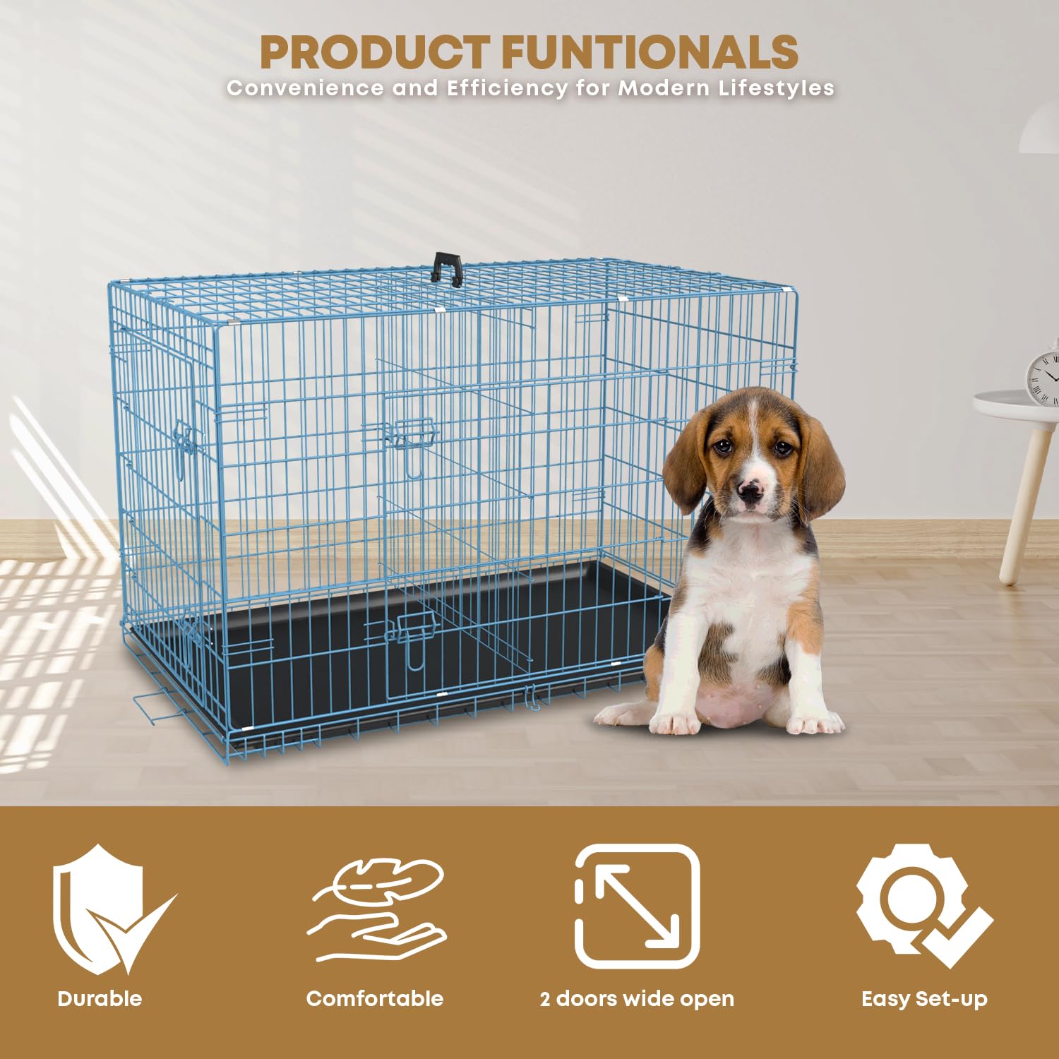 24,30,36,42,48 Inch Dog Crate for Large Dogs Dog Cage Dog Kennel Pet Crate Folding Metal Pet Cage Double Door Leak-Proof Plastic