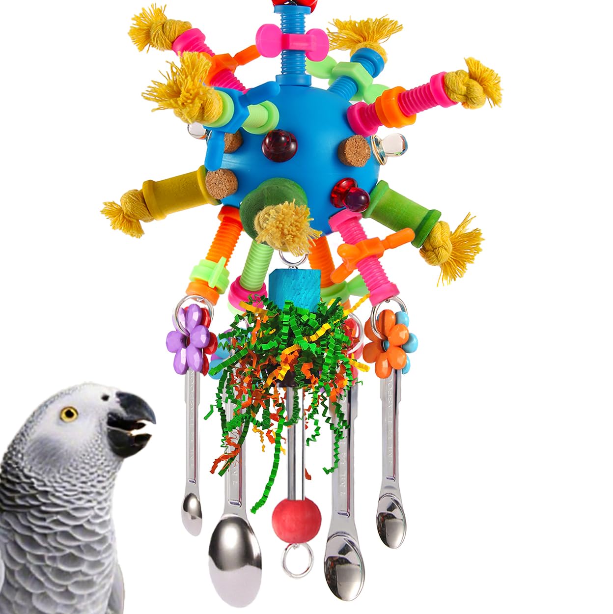 Parrot Toys Bird Toys Perch Pullable Stainless Steel Spoons Colorful Acrylic Stick Chew Toys for Amazons Mini Macaws African Gre