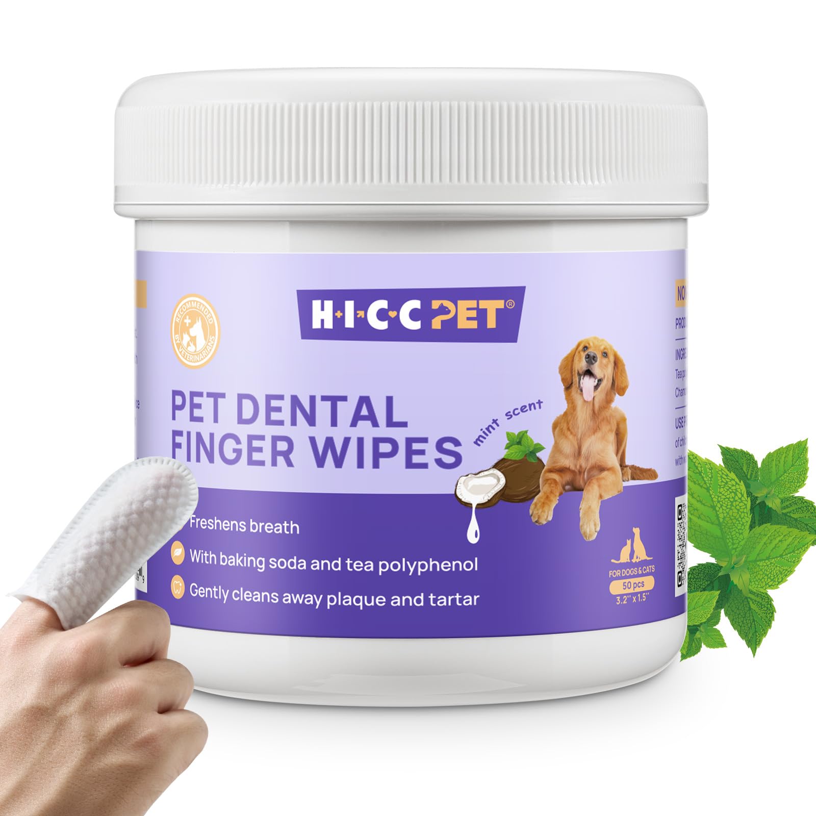 HICC PET Teeth Cleaning Wipes for Dogs & Cats, Remove Bad Breath by Removing Plaque and Tartar Buildup, Disposable Dog Finger To