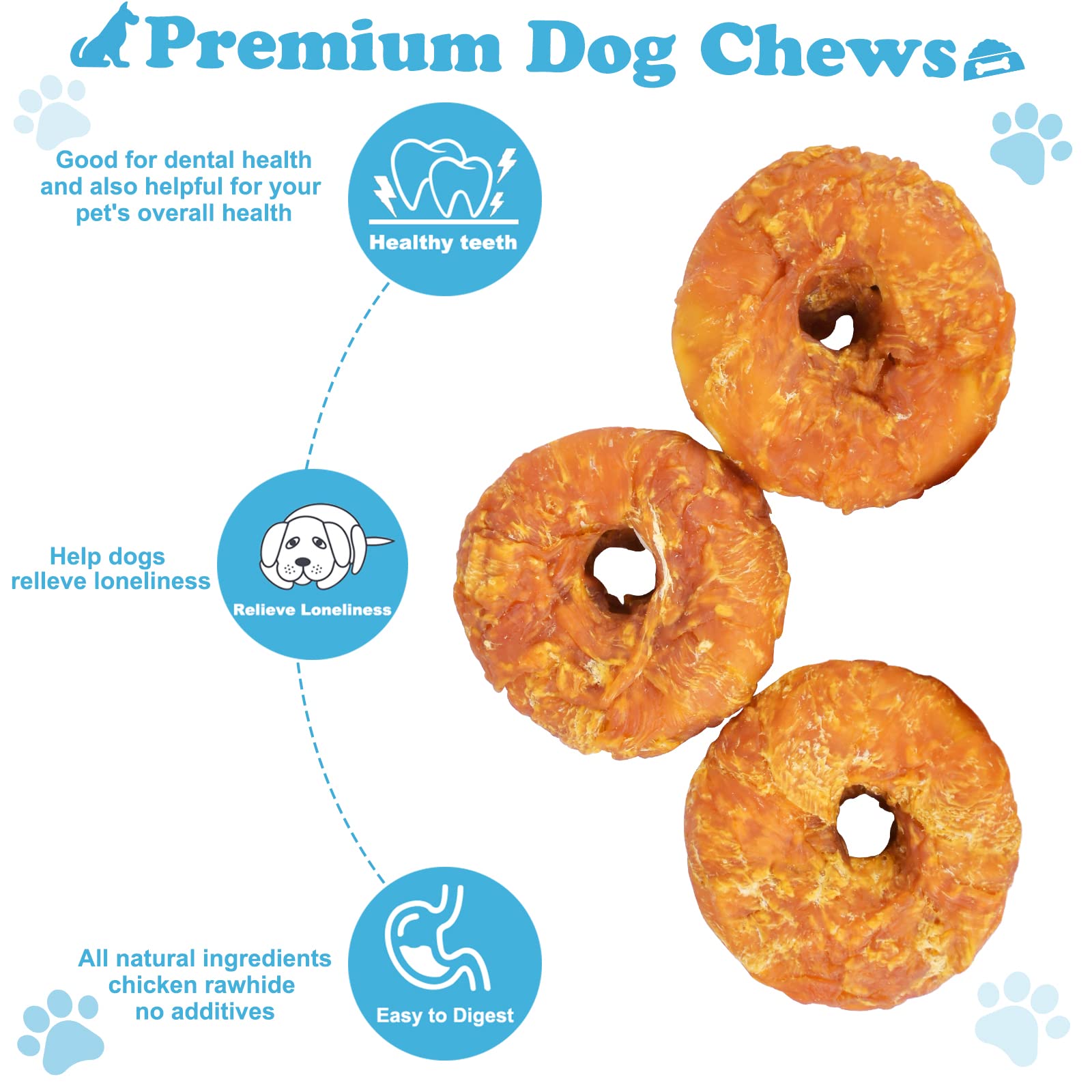 Pawant Dog Treats Long Lasting for Large Dog Clean Teeth Chicken Wrapped Rawhide Donuts 1lb/454g
