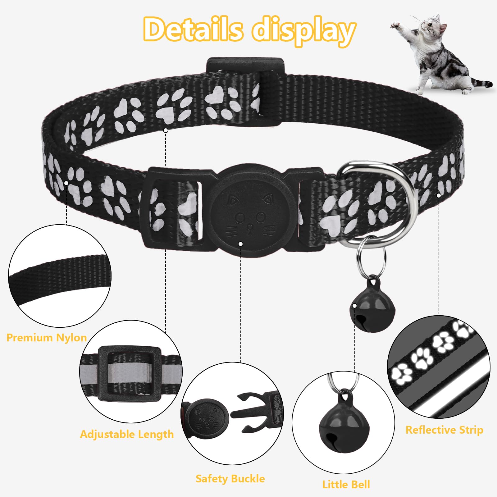 Taglory Reflective Cat Collars Breakaway With Bell, 2-Pack Girl Boy Pet Kitten Collar Adjustable 7.5-12.5 Inch, Black