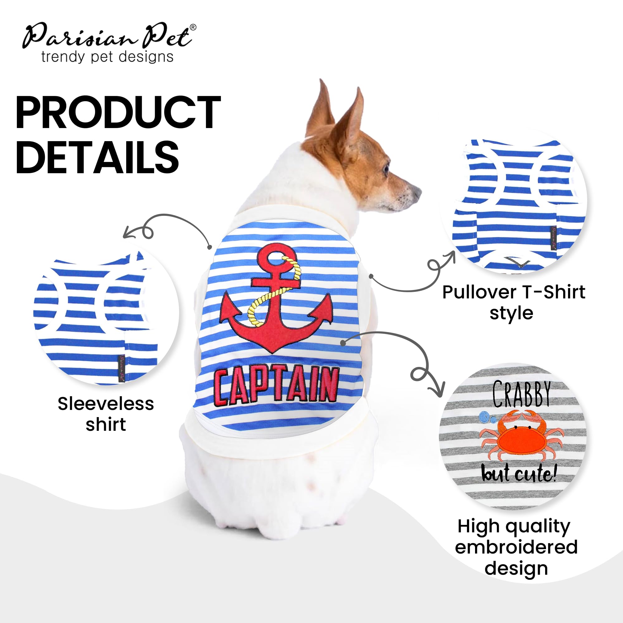 Parisian Pet Unisex Dog Tshirt - Embroidered  Captain  Dog Shirt - Breathable And Lightweight Dog Tank Top- Sleeveless Dog Tee S