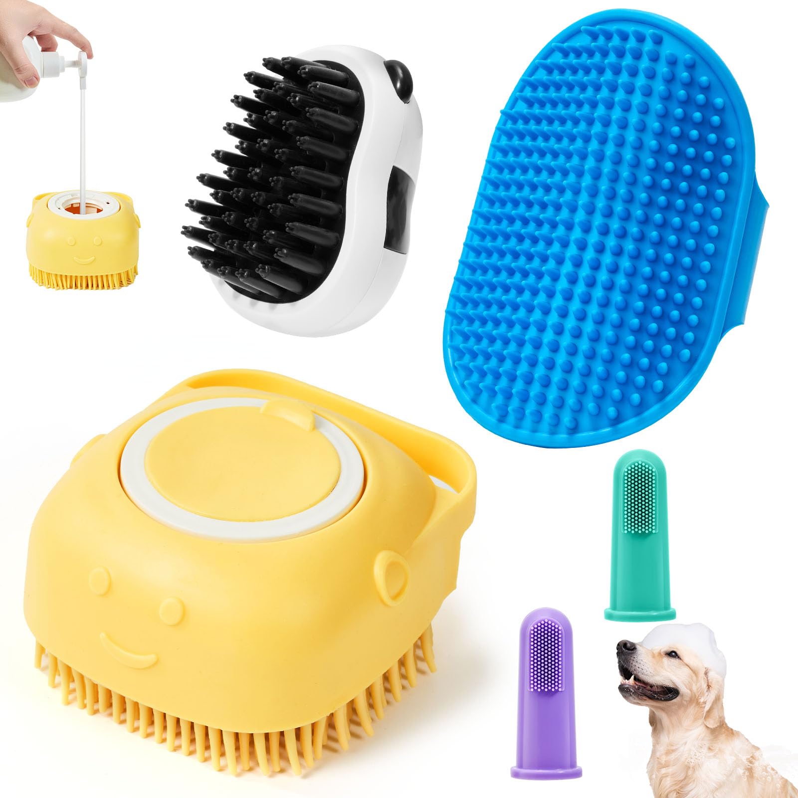 Robatun 4Pcs Dog Bath Brush Pet Shampoo Brush With Adjustable Ring Handle Soft Massage Dispenser Panda Shape Brush For Short Lon