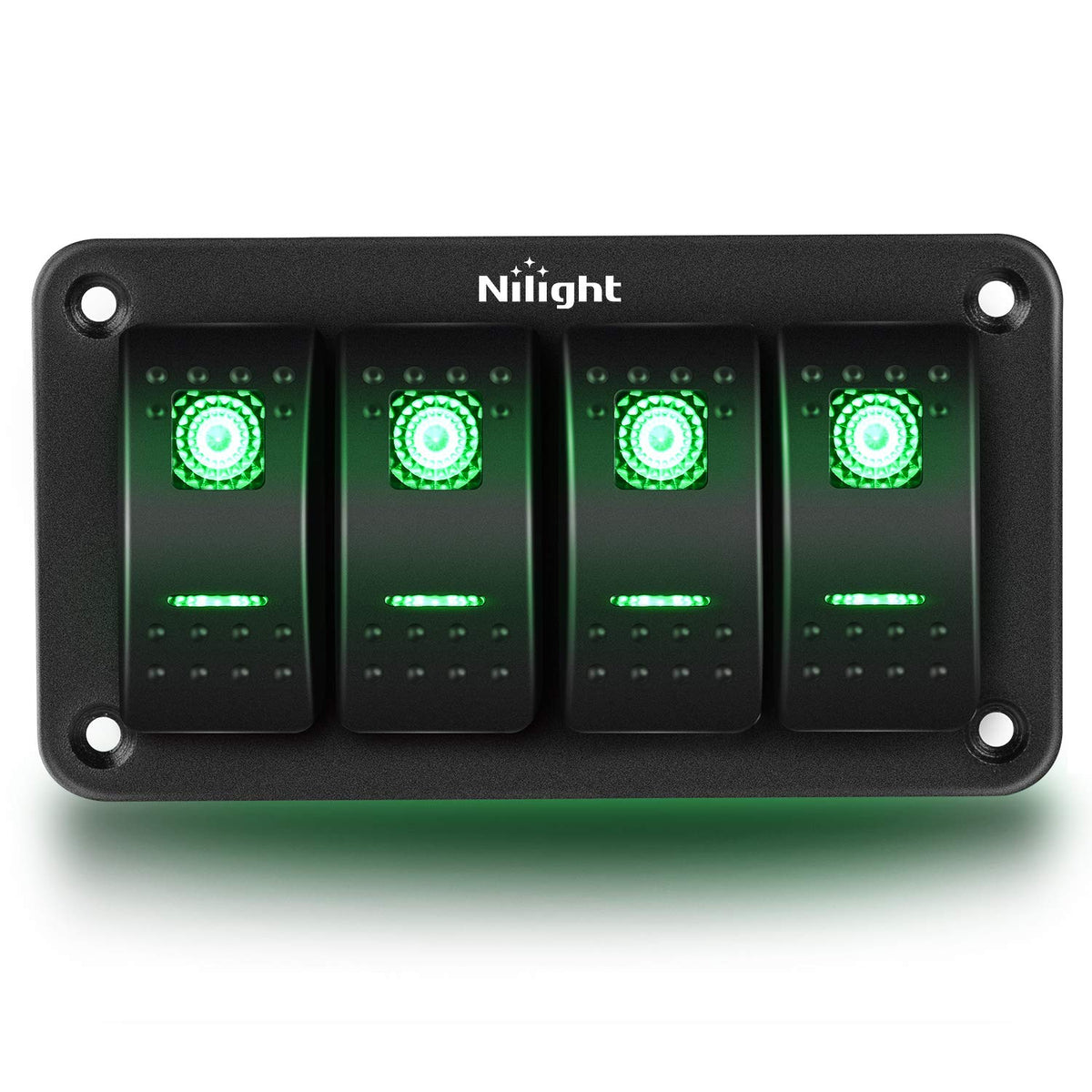 Nilight 4 Gang Rocker Switch Panel 5Pin On Off Toggle Switch Aluminum Holder 12V 24V Dash Pre-Wired Green Backlit Switches For A