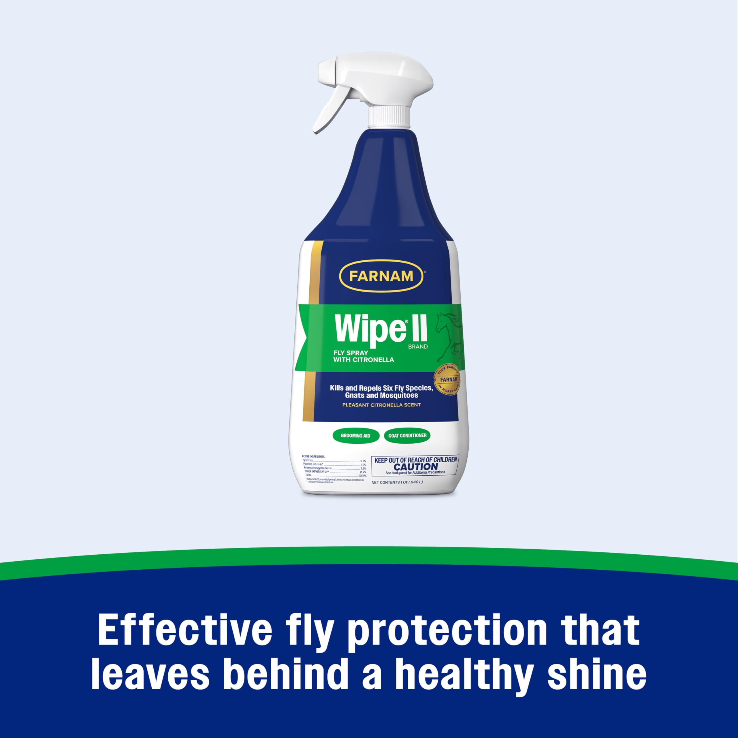 Farnam Wipe II Brand Horse Fly Spray with Citronella, Kills and Repels Flies, Conditions Coats, 32 oz