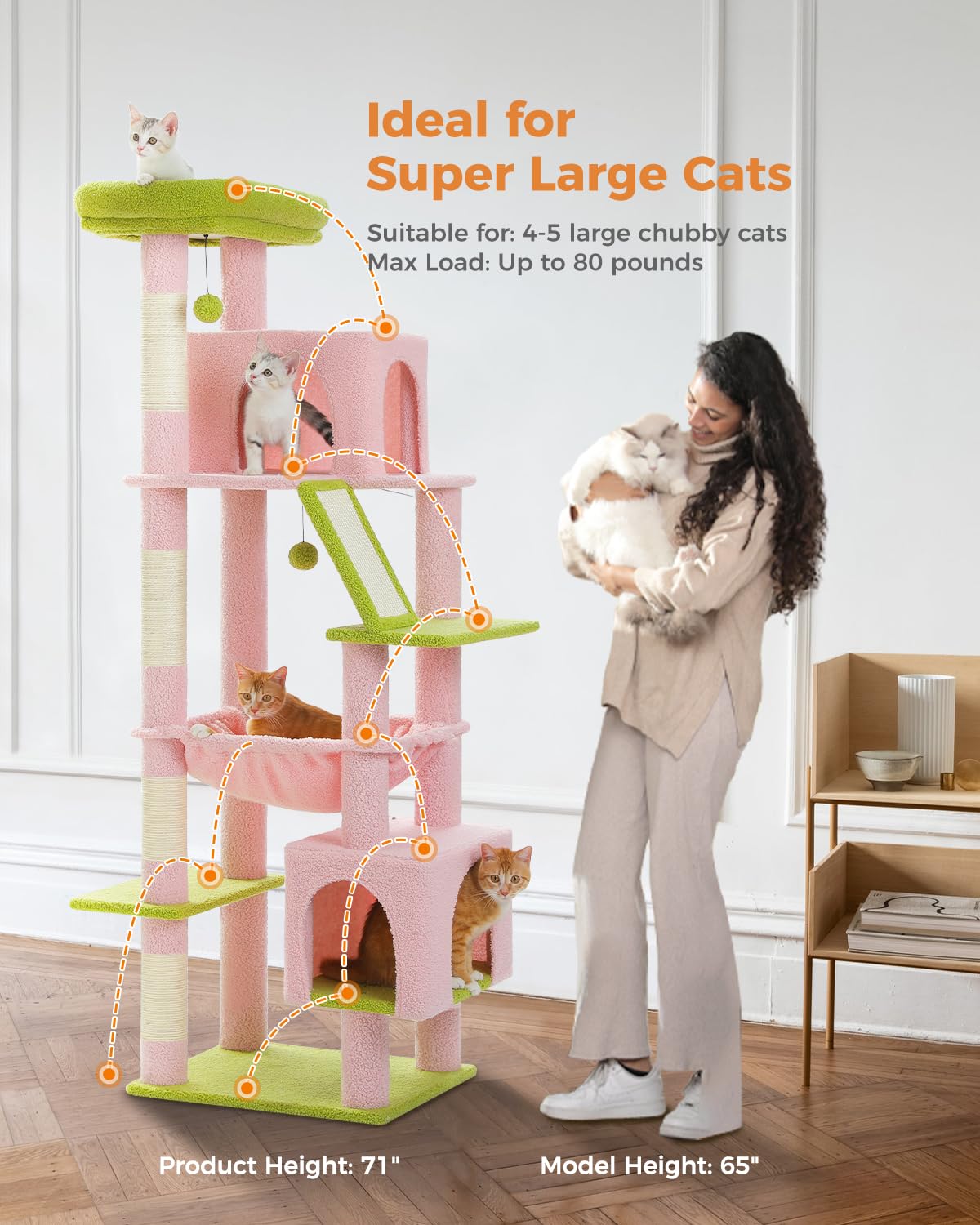 Muttros Pink 71'' Tall Cat Tree For Large Cat 20 Lbs With Super Large Hammock, Heavy Duty Cat Tower With 4 Sisal Scratching Post