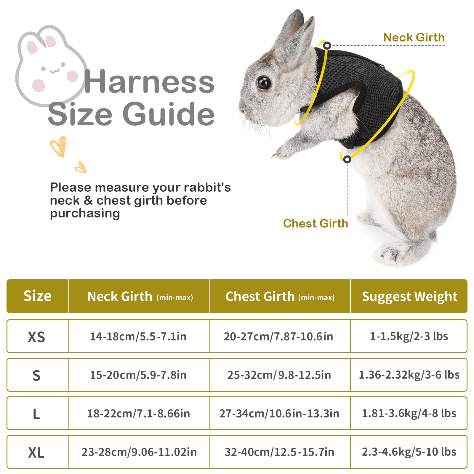 Pettom Bunny Rabbit Harness With Stretchy Leash Cute Adjustable Buckle Breathable Mesh Vest For Kitten Small Pets Walking (S(Che