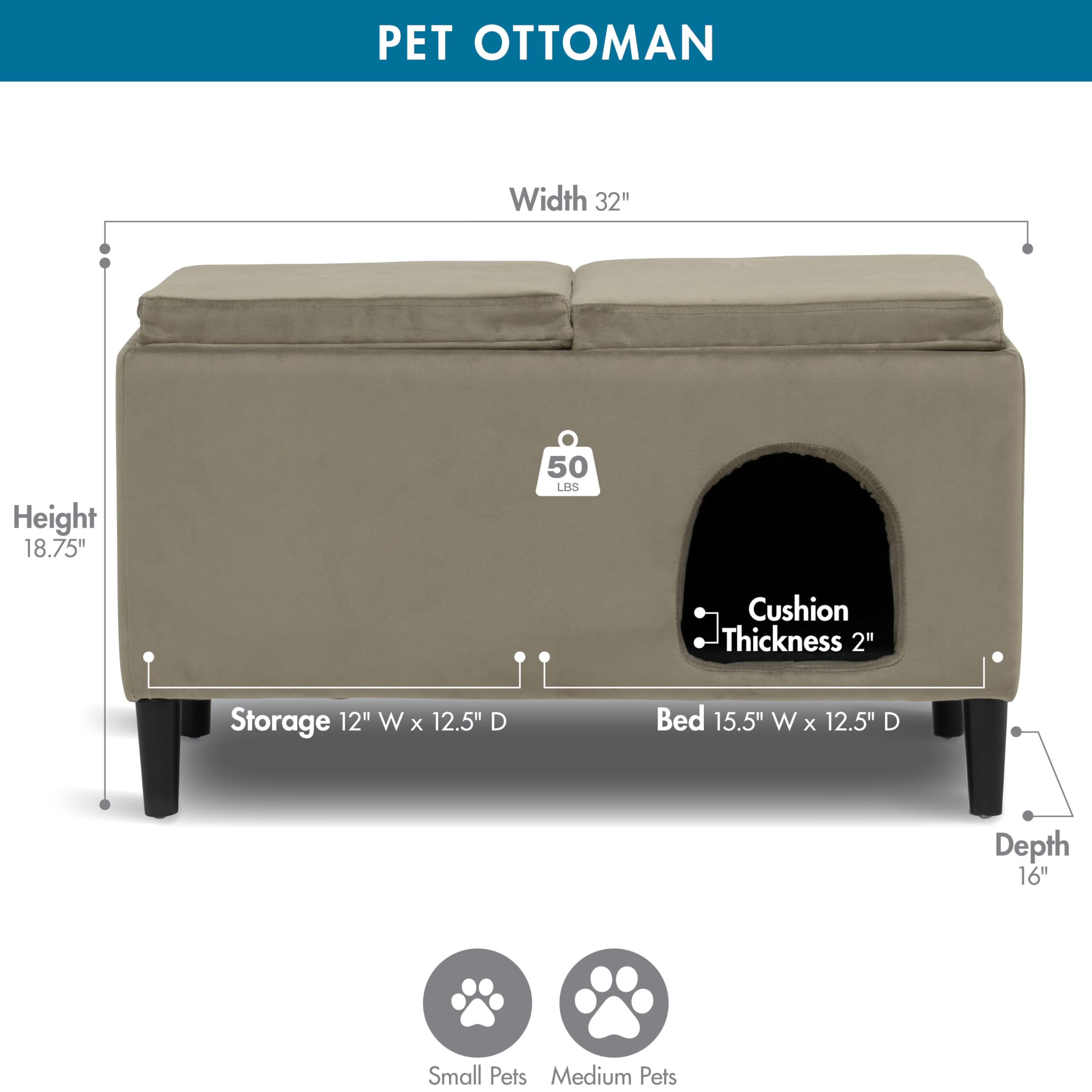 Paws & Purrs Modern 32'' Wide Pet Ottoman Bed For Small To Medium Dog Or Cat, 32.0'' L X 16.0'' W X 18.8'' Th, Ash