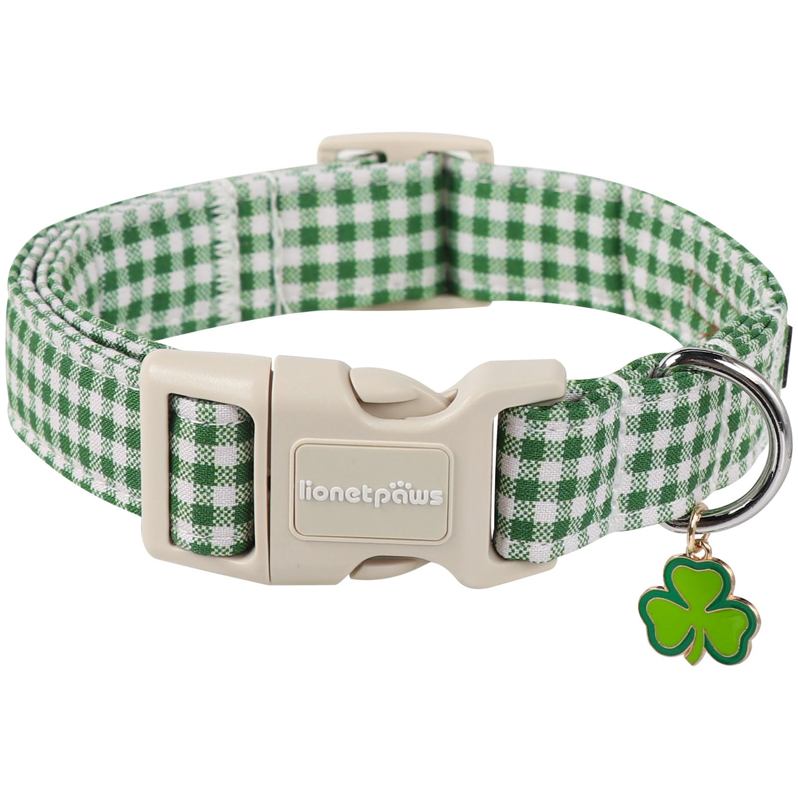 Lionet Paws St. Patrick Dog Collar, Comfortable Adjustable Green Collar With Green And White Grid Pattern For Medium Male Female