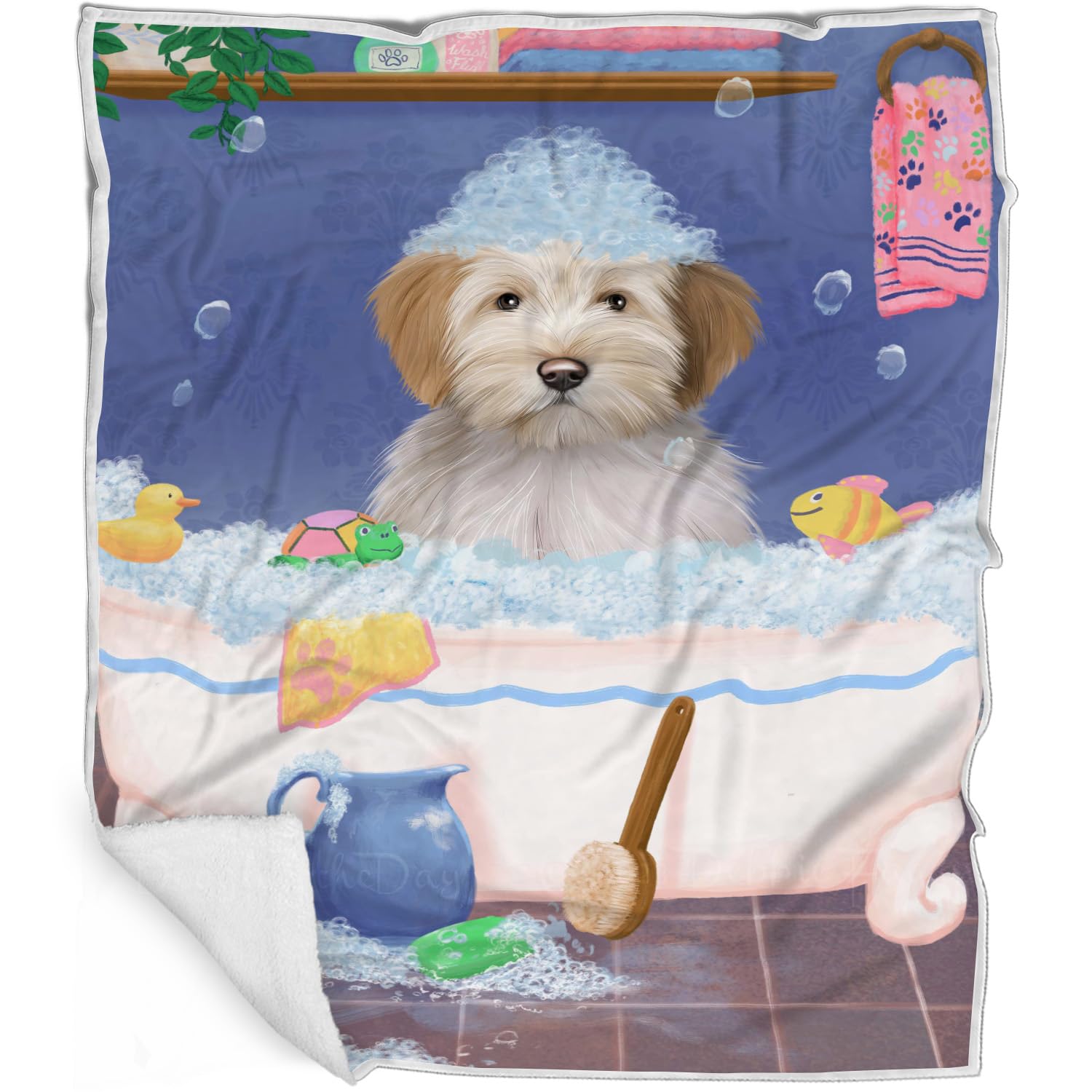 Rub A Dub Dog in A Tub Tibetan Terrier Dog Blanket  Lightweight Soft Cozy and Durable Bed Blanket  Animal Theme Fuzzy Blanket 