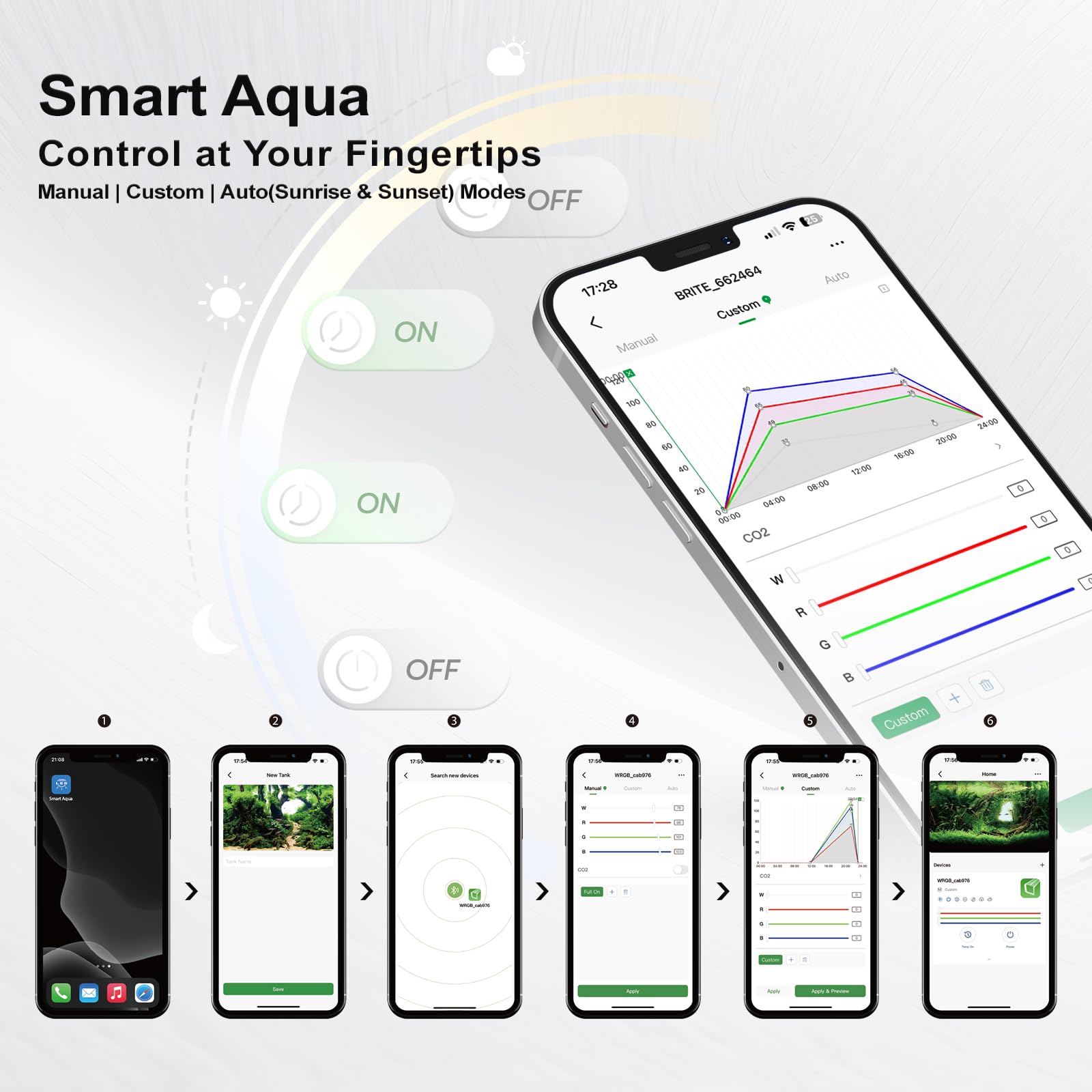 MagTool Brite Series Aquarium LED Light with App-Controlled RGB+W LEDs, Extendable Bracket, Supports Custom Sunrise/Sunset Color