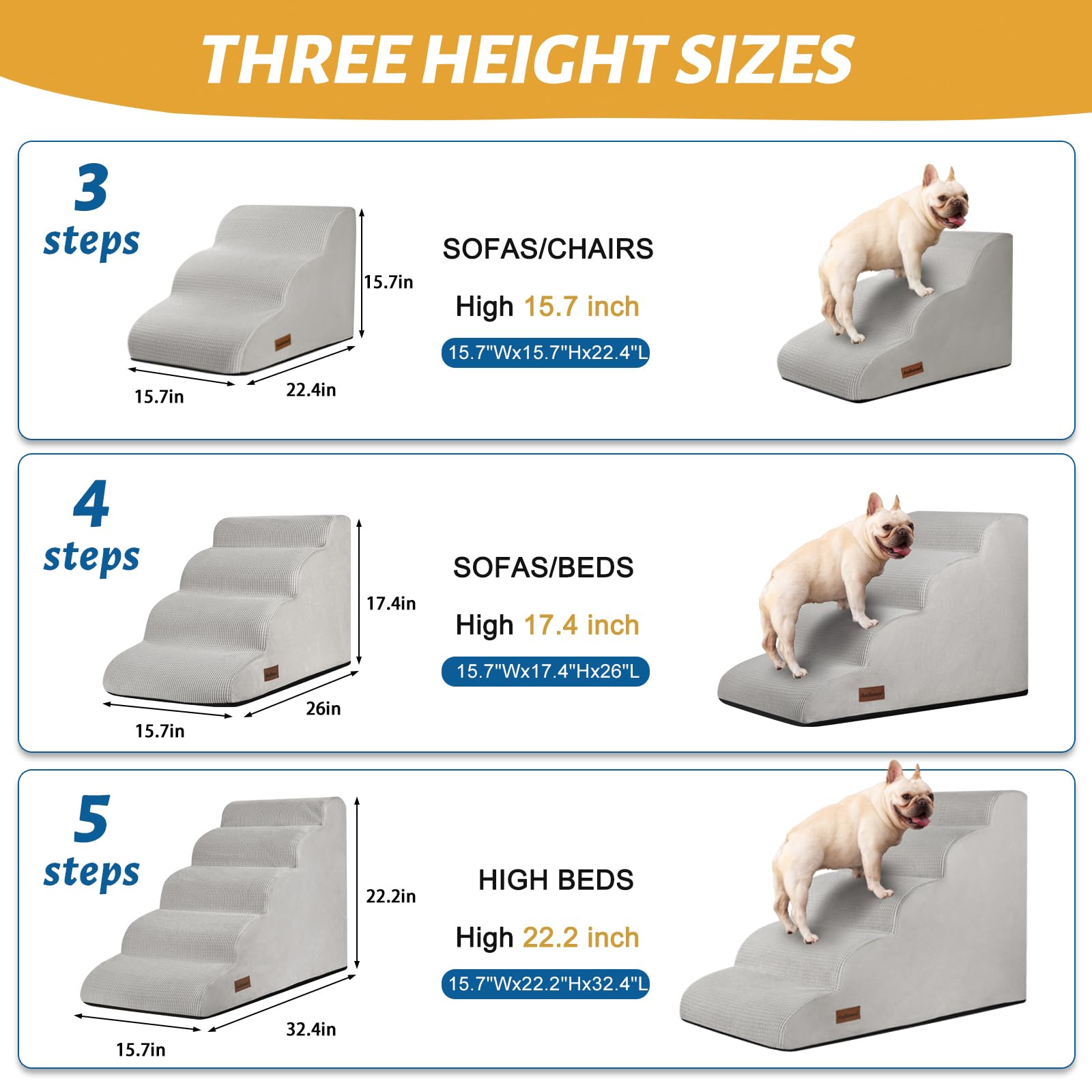 Aodisman 5-Step Dog Stairs and Ramp for High Bed, Non-Slip Sturdy Pet Steps for Small Dogs and Cats,22.2 H,Light Grey