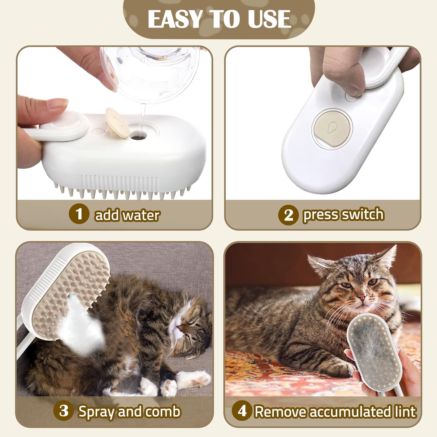 Mawt Cat Steam Brush - 5 In1 Grooming Kit For Cats And Dogs Silicone Massage Tool - Stainless Steel Nail Scissors - Hair Detangl