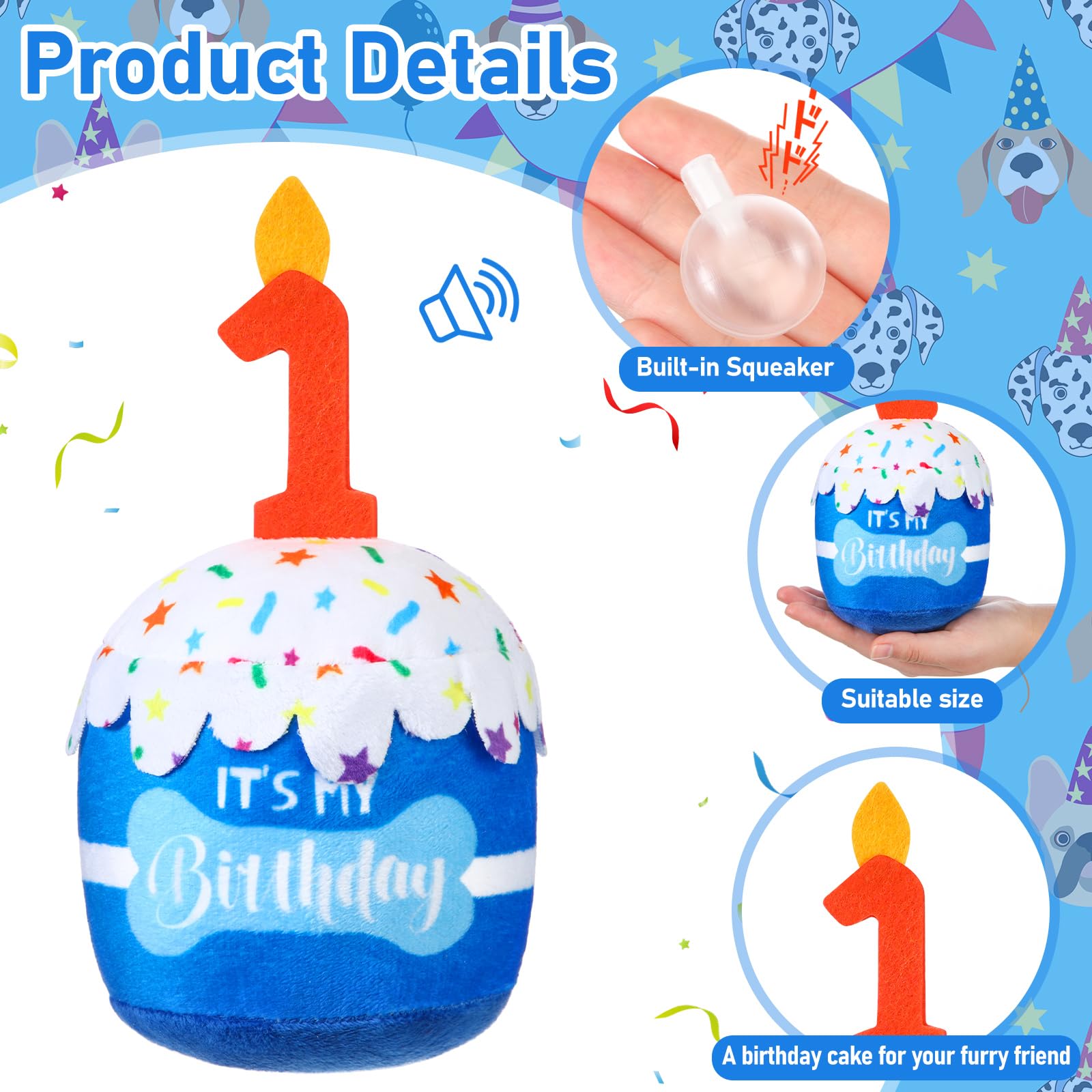 Dansydaisy Dog 1St Birthday Cake Toy Accessories For Girl Boy Gifts, Blue Squeaky Plush Toy For Dog Birthday Party Decor Favor F