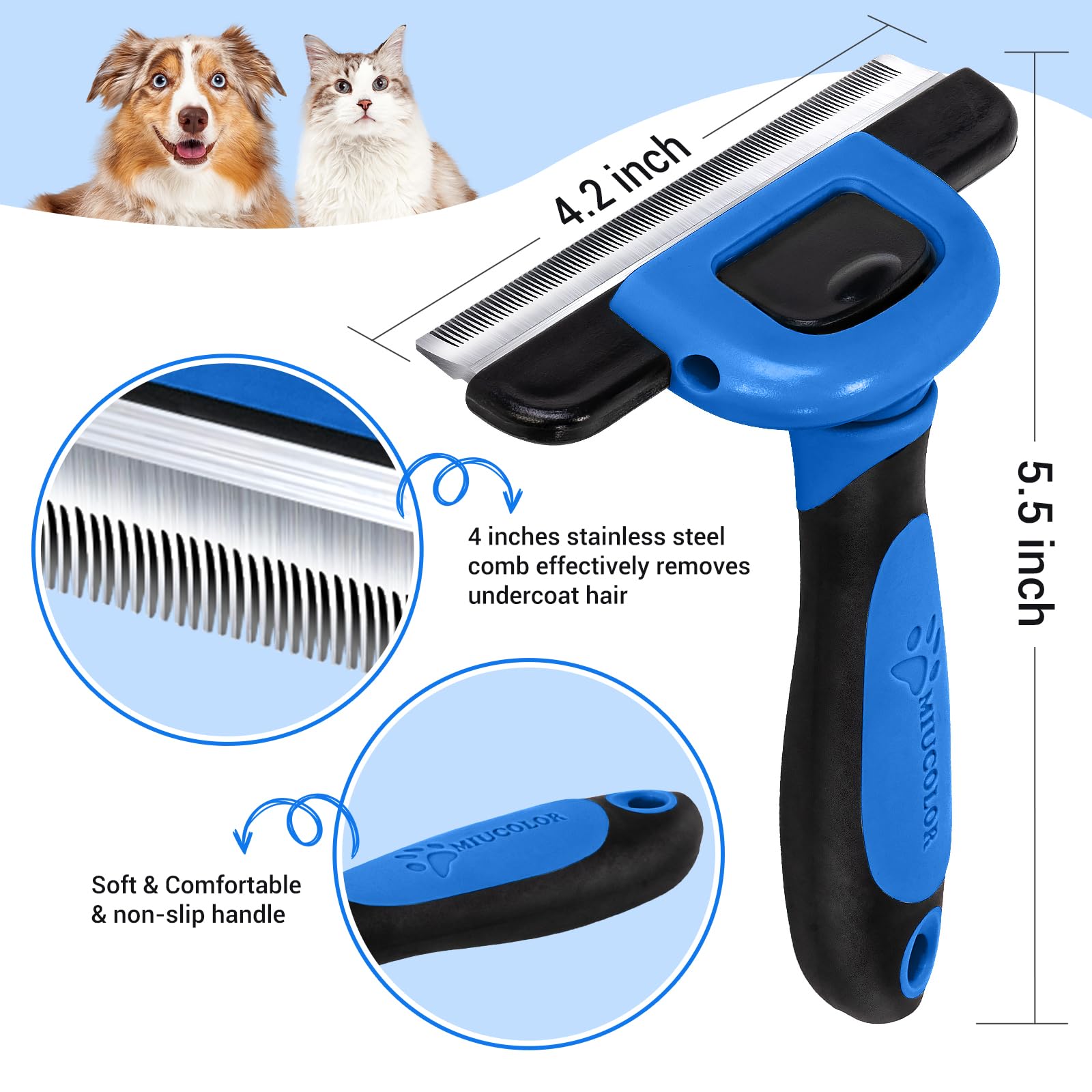 Miu Color Pet Grooming Brush, Deshedding Tool For Dogs & Cats, Effectively Reduces Shedding By Up To 95% For Short Medium And Long Pet Hair (Navy Blue)