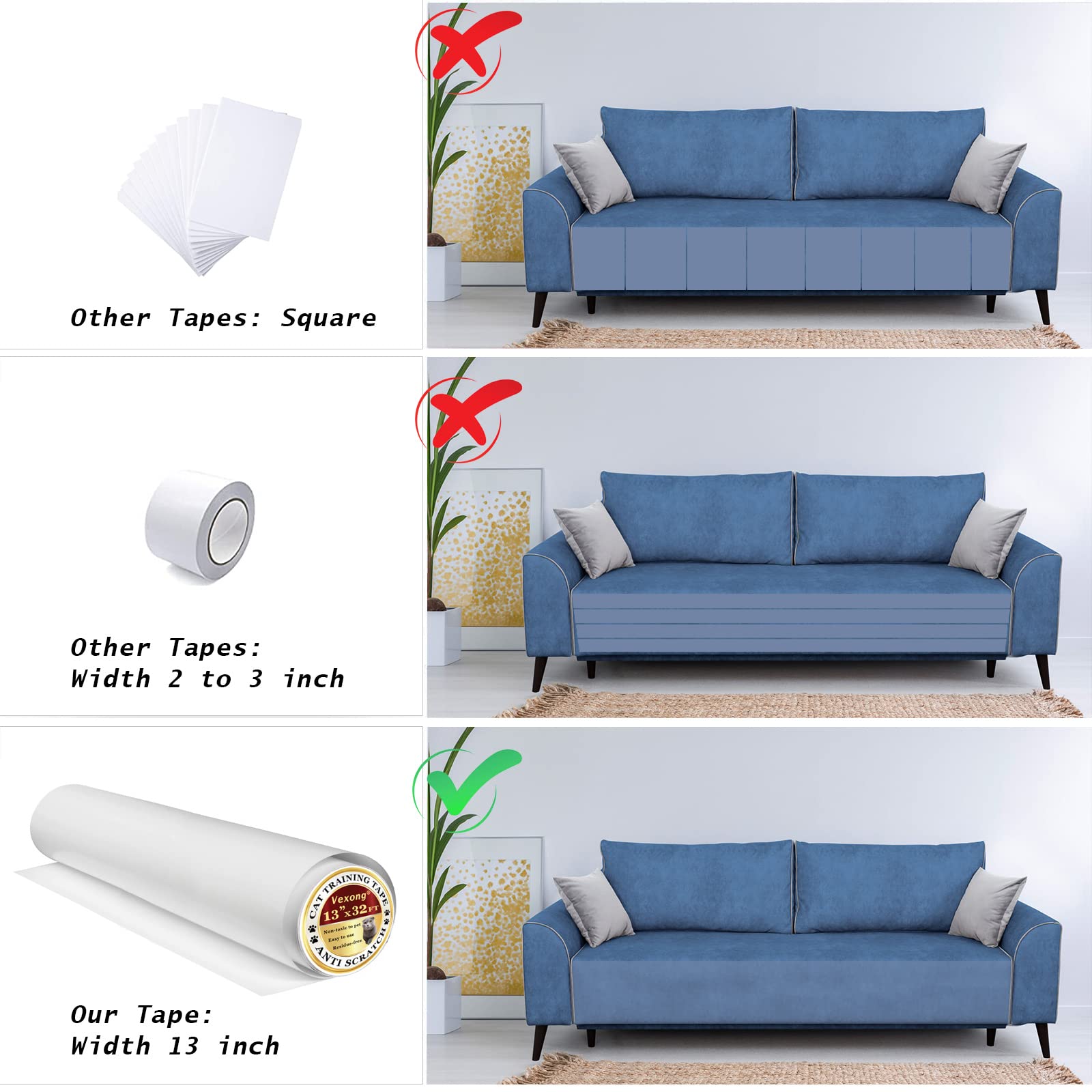 Vexong Anti Cat Scratching Tape Pads Deterrent Tape 13'' X 32Ft Furniture Protectors From Cats Transparent Self-Adhesive Pet Tra