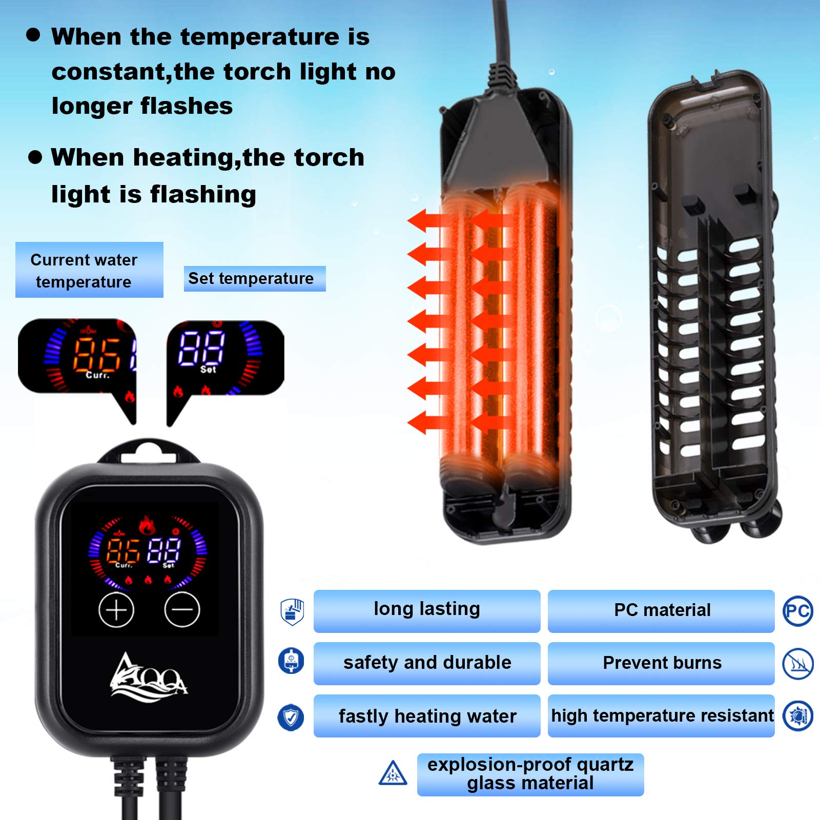 Aqqa Submersible Aquarium Heater,100W/200W/300W/500W/800W/1200W Fish Tank Heater,External Temperature Controller Led Temperature Display With 2 Suction Cups Suitable For Saltwater And Freshwater