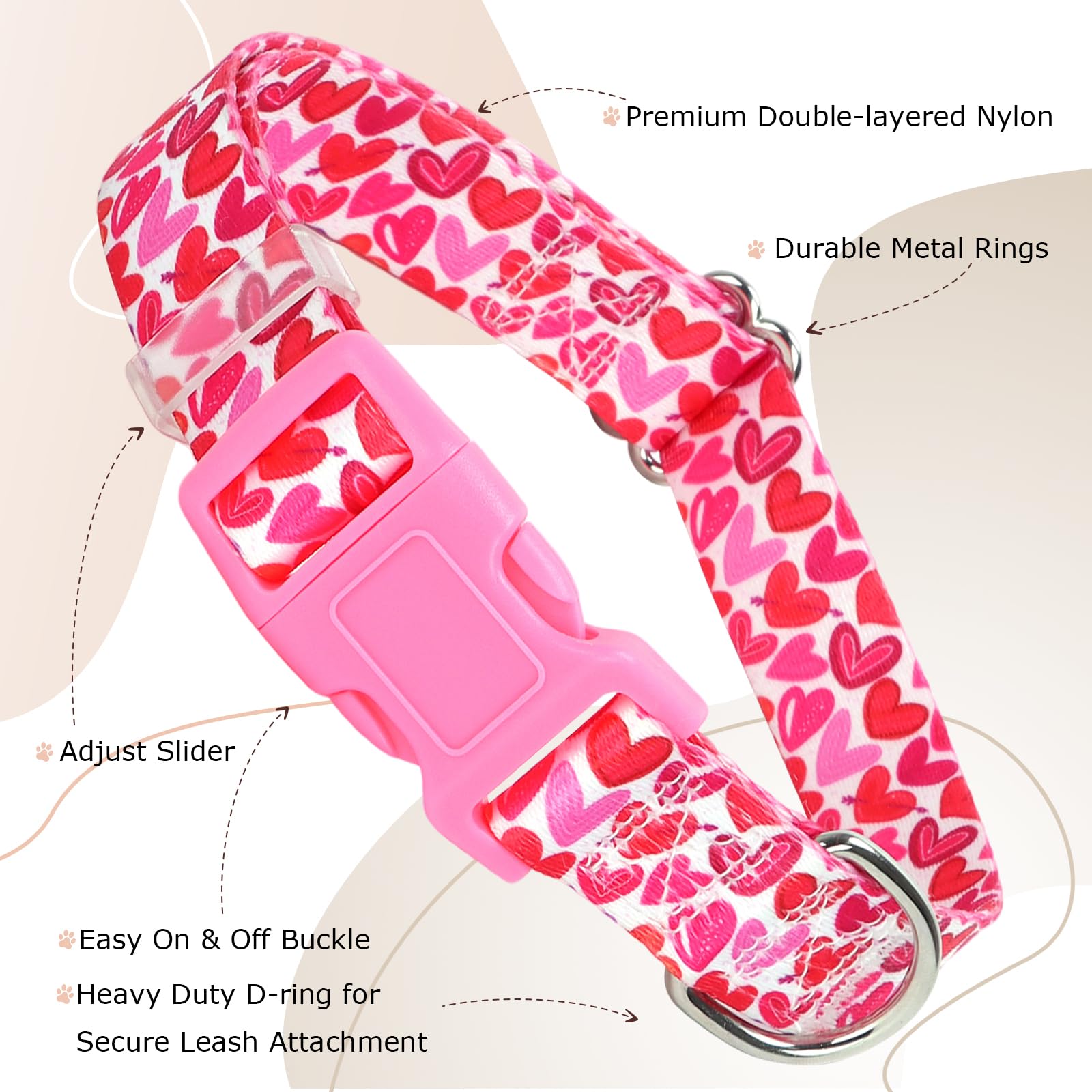 Pink Dog Collar For Puppy Dogs With Love Heart Patterns For Girl & Boy Dogs, Cute Dog Collar Adjustable Heavy Duty Collar With Q