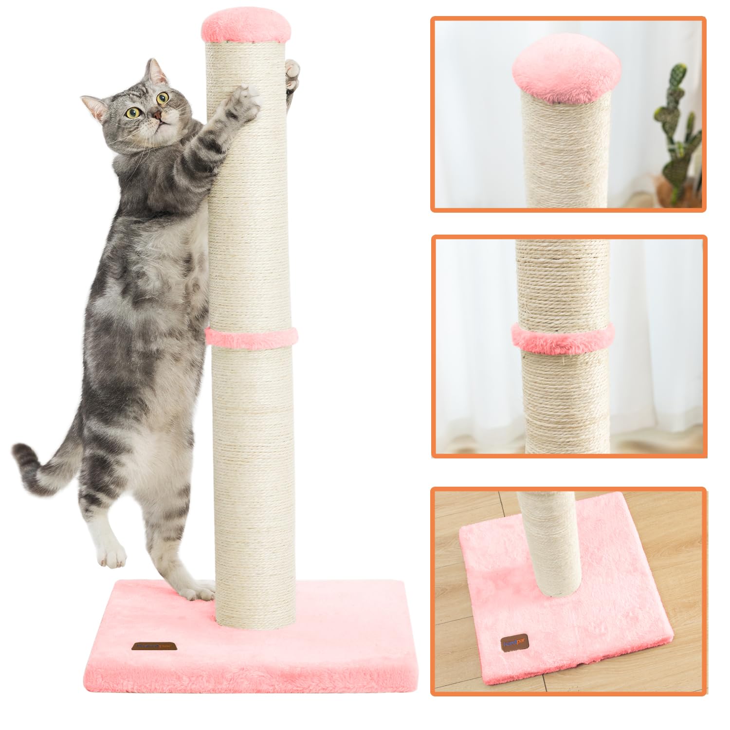 Karolpar 34Inch Cat Scratching Post With Natural Sisal Rope 4.3Inch Large Diameter Scratcher Post Tree For Indoor Cats Pink