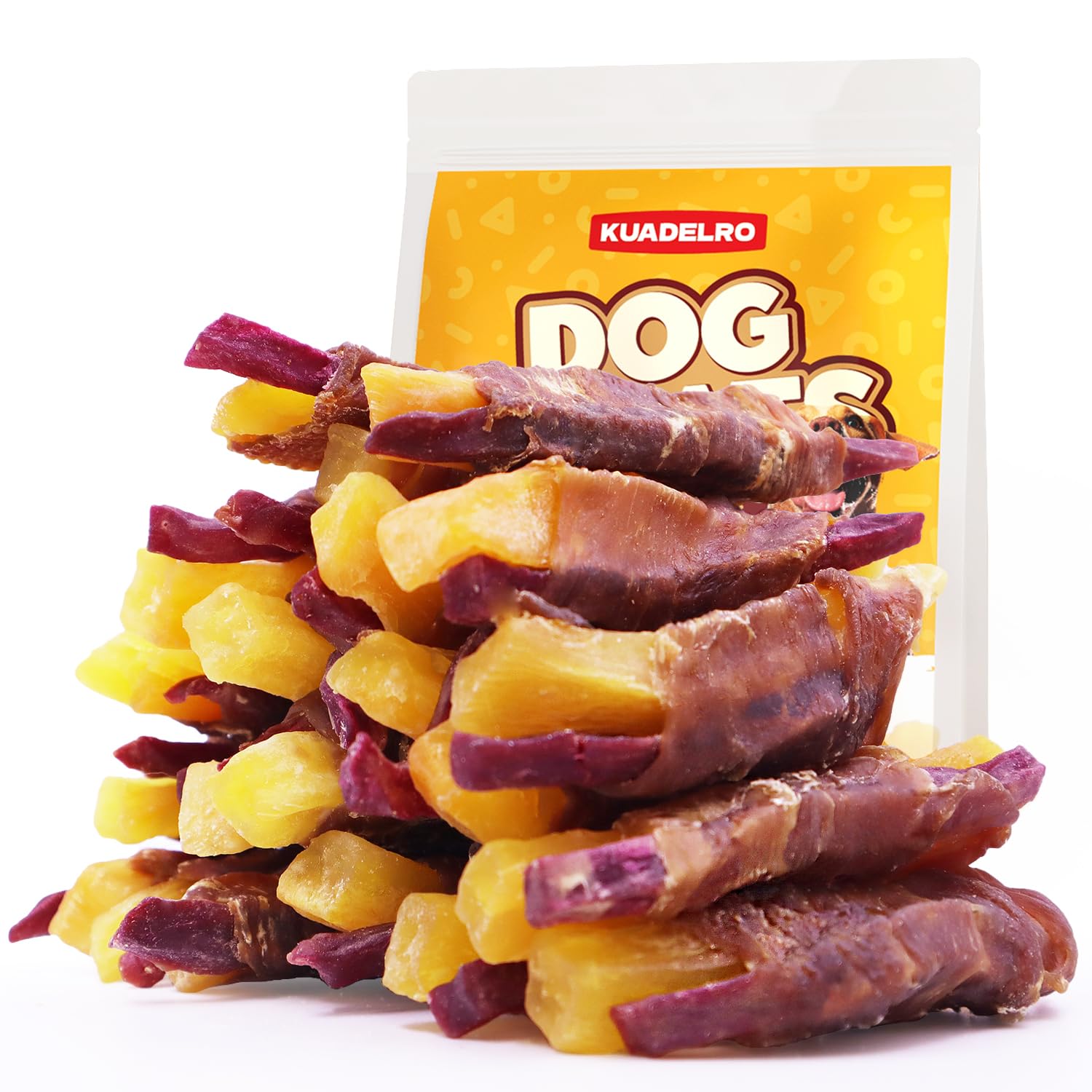 KUADELRO Sweet Potato Dog Treats, Duck Wrapped Double Sweet Potato Dog Jerky Low Fat Training Treats Healthy Chews for Small Med