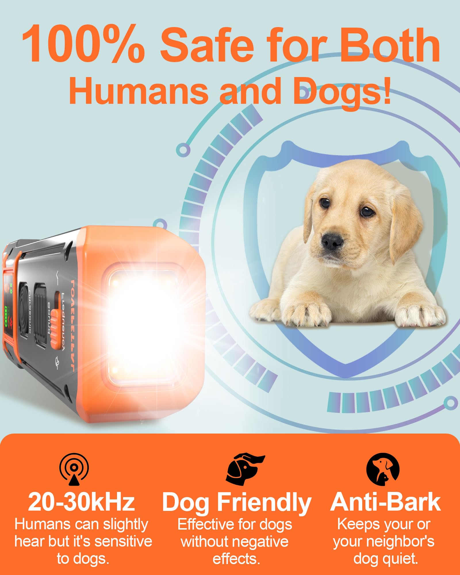 LOVEPETPAL 2025 Dog Training Bark Deterrent Device - M, Orange, Anti-Barking with HD Display & LED Flashlight, Ultrasonic Stopper