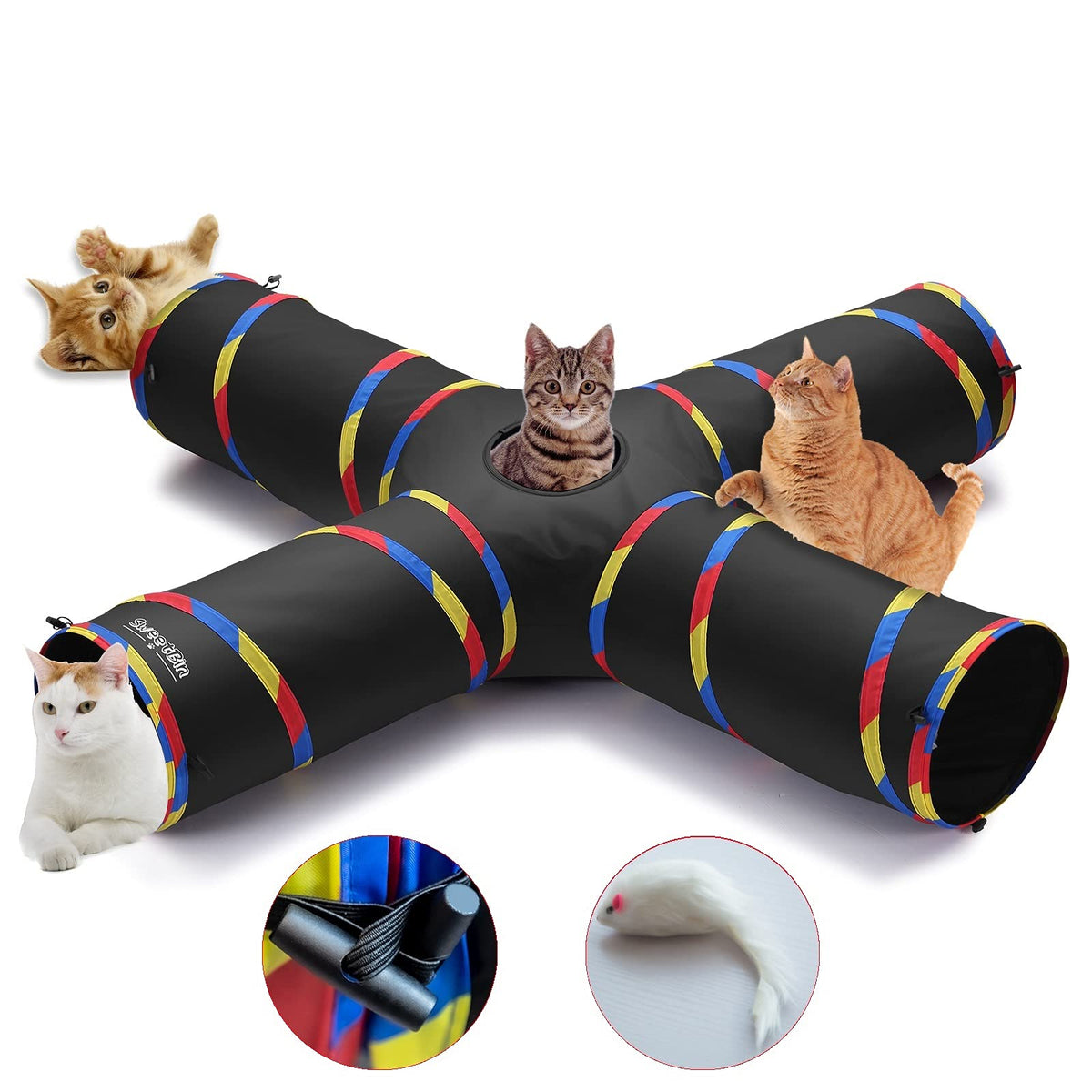 Sweetbin 4 Way Large Cat Tunnels For Indoor Cats - 10' Diameter & 47' Long Cat Play Tunnel Toy - Cat Tube With Play Ball & Mouse Toy - Interactive Peephole (Black)