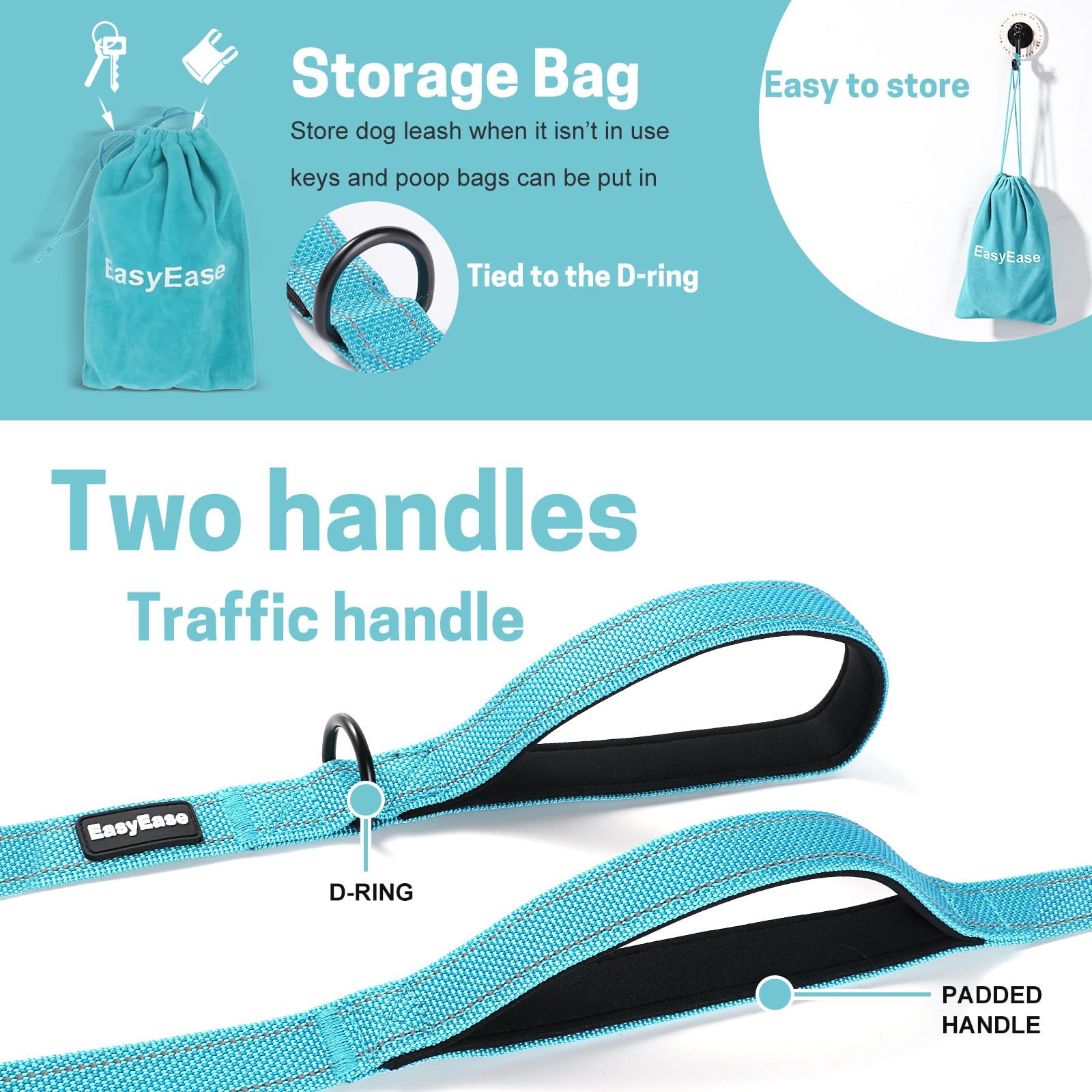 Easyease Dog Leash With 2 Comfortable Soft Padded Handles, Reflective Heavy Duty Pet Dog Walking Leashes, 4Ft Blue Durable Dog T
