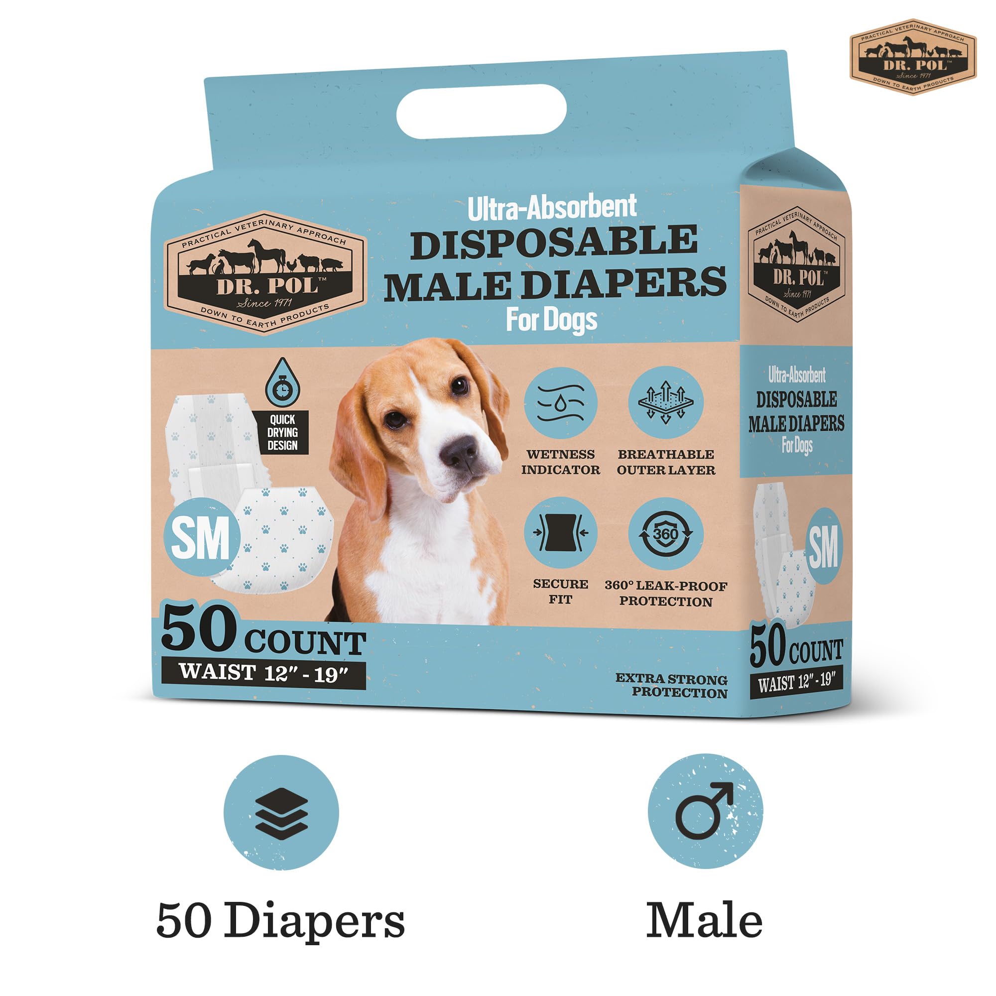 Dr. Pol Male Dog Diapers - Super Absorbent, Breathable, Leak-Proof With Wetness Indicator, Small, 50 Count